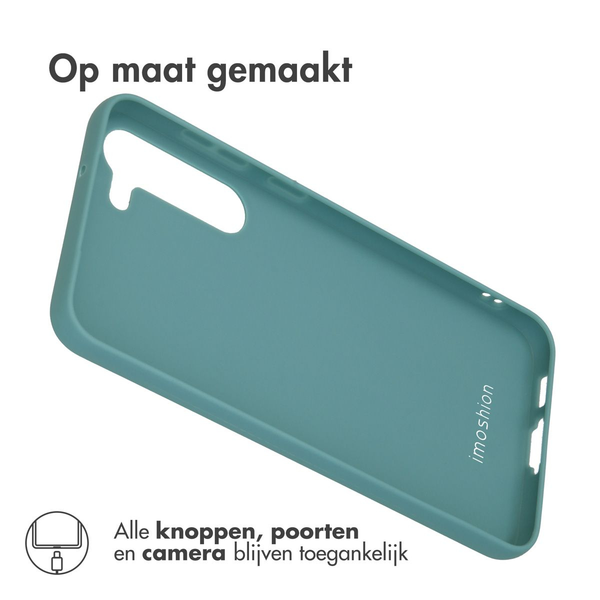 Een blauwgroene telefoonhoes met uitsparingen voor knoppen en camera. Boven staat 'Op maat gemaakt', onder 'Alle knoppen...toegankelijk'.