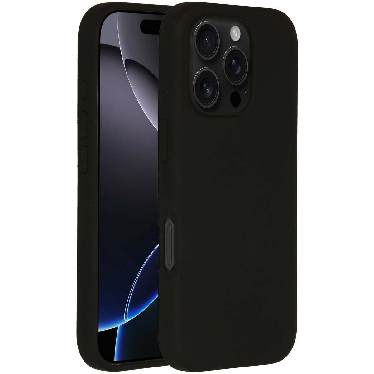 Un téléphone noir dans un étui noir. Le téléphone a trois objectifs et un flash. L'écran est visible.