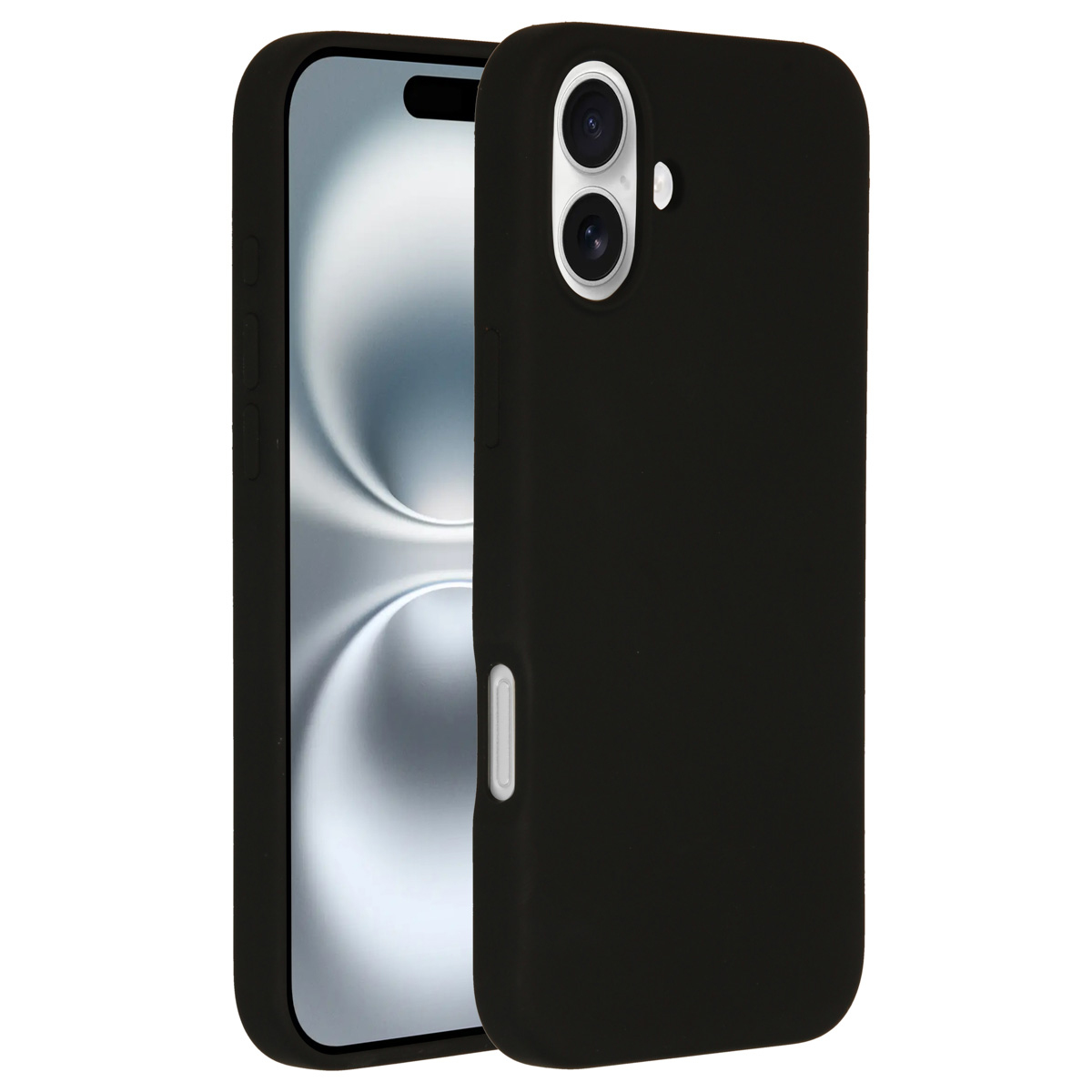 Une coque de téléphone noire avec un téléphone à l'intérieur. La coque a des découpes pour l'appareil photo et des boutons. L'écran du téléphone affiche un motif tourbillonnant.