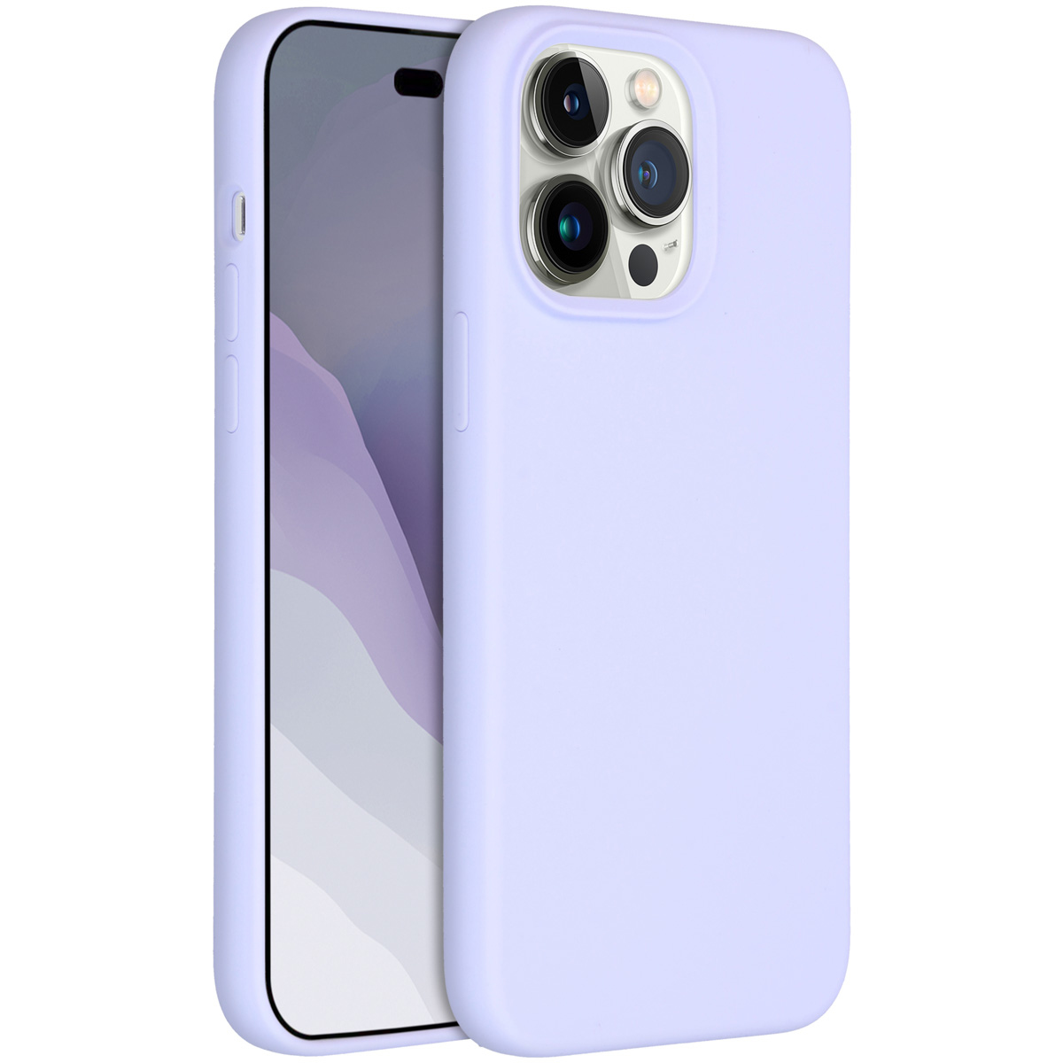 Een lavendelkleurige iPhone 14 Pro in een bijpassende hoes. De telefoon zit in de hoes. De achtergrond is wit.
