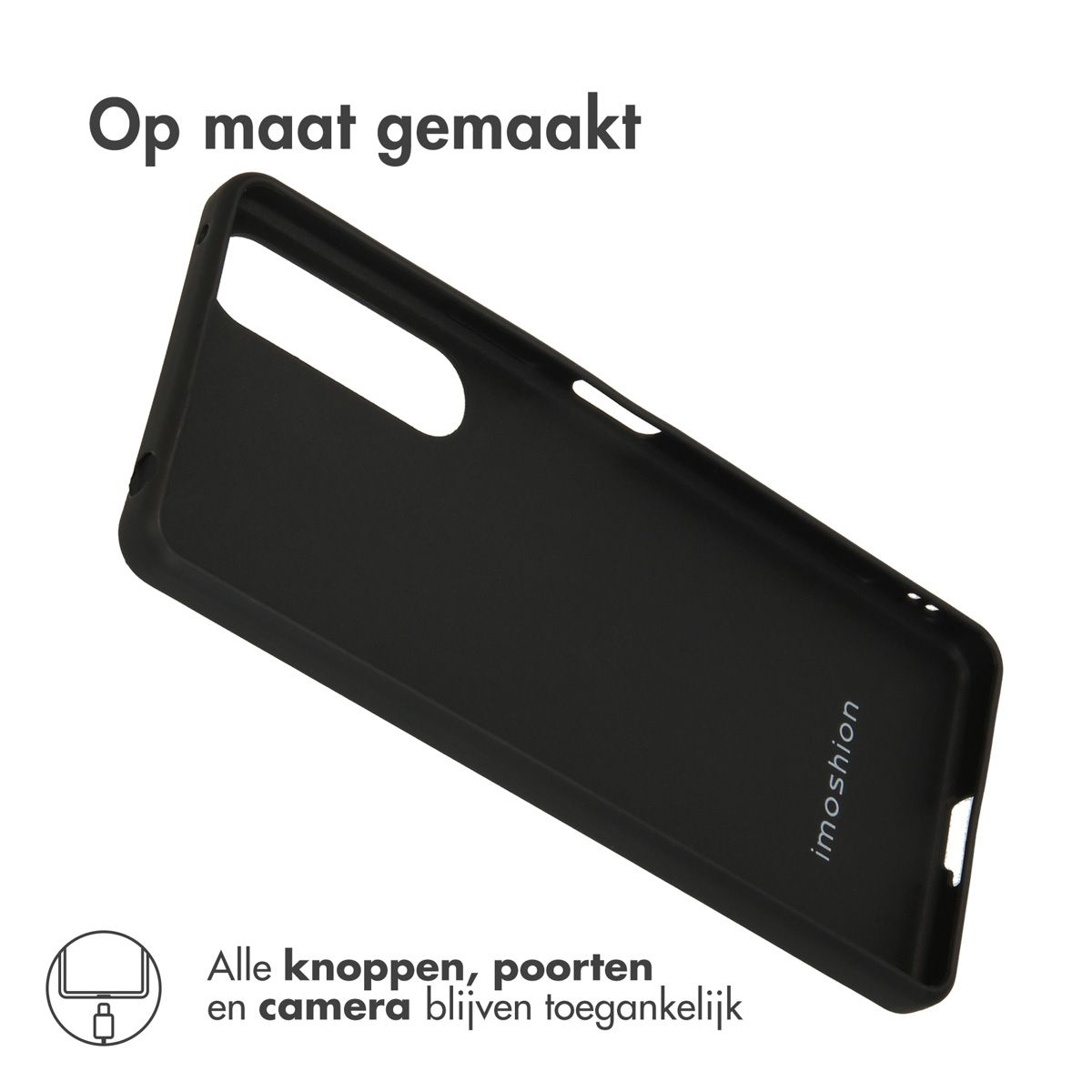 Une coque de téléphone noire avec des découpes pour les boutons et les ports, la marque 'imoshion' est visible.