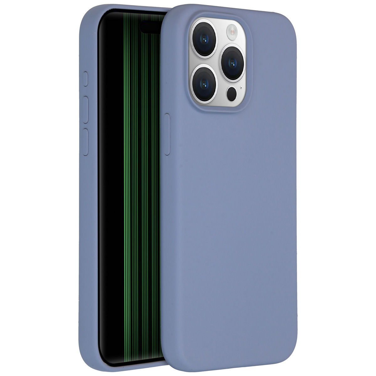 Een blauwe telefoonhoes met een telefoon erin. De telefoon heeft een zwart scherm met groene lijnen. De hoes heeft drie cameralenzen.