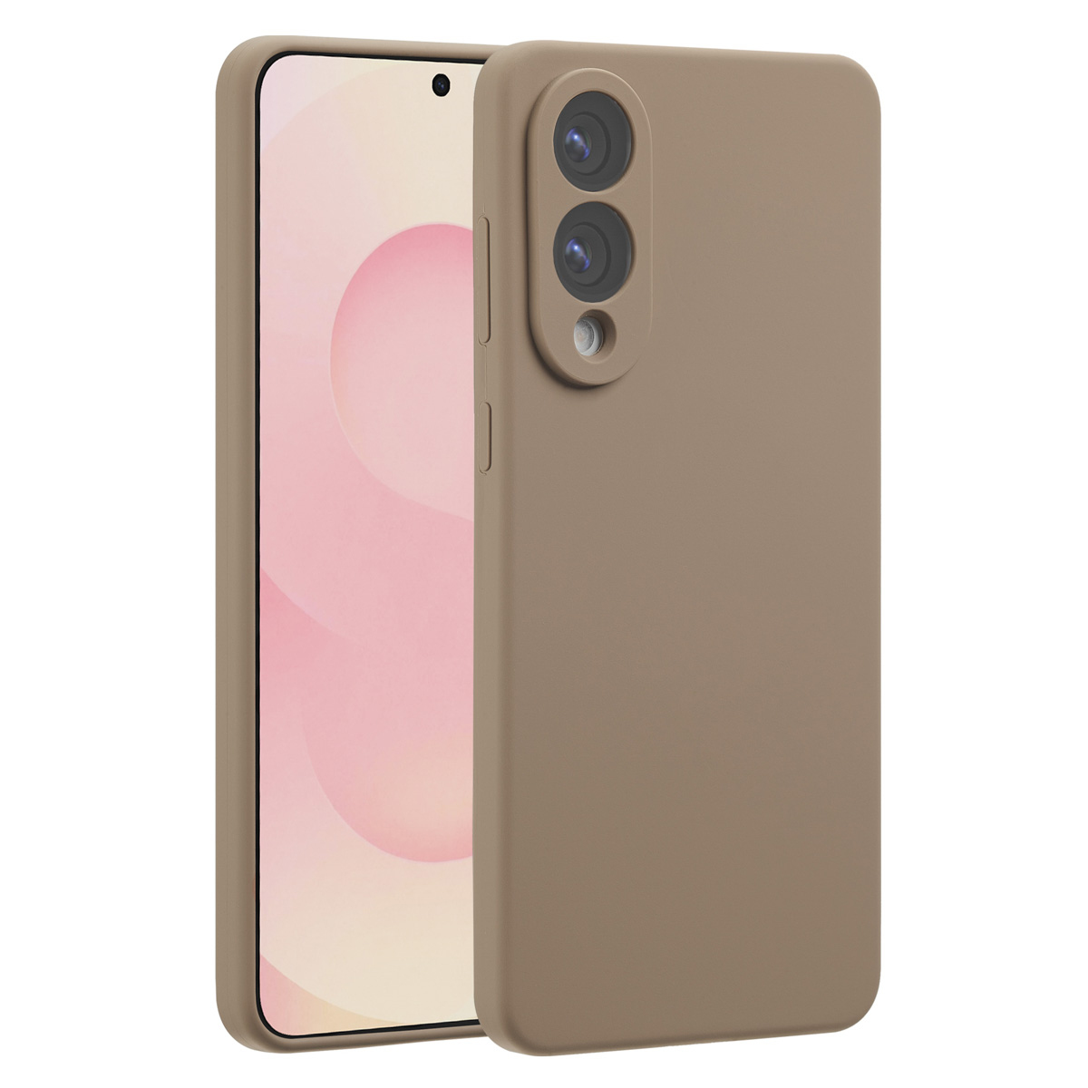 Een smartphone in een bruine hoes. Het scherm toont een lichtroze achtergrond. De hoes heeft drie cameralenzen.