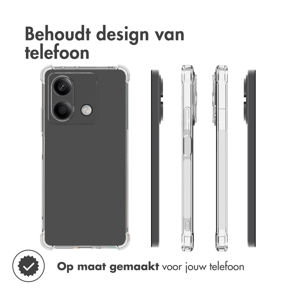 L'immagine mostra una custodia per telefono con un telefono all'interno. La custodia è trasparente e il telefono è nero. Testo: Mantiene il design del telefono.