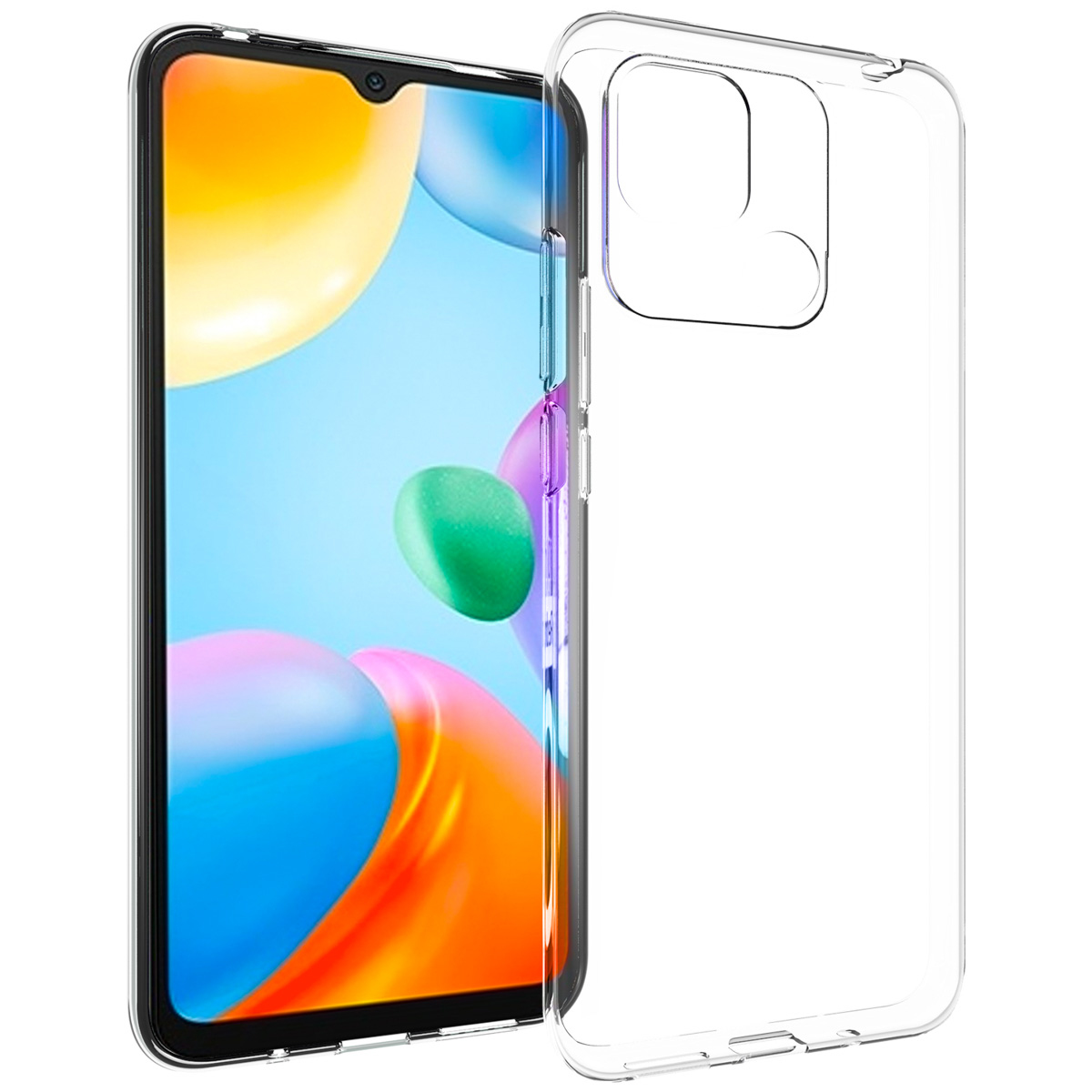 Une coque de téléphone transparente à côté d'un téléphone avec un fond d'écran abstrait coloré. La coque est transparente.