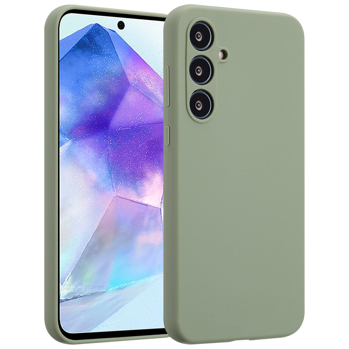 Un téléphone vert avec une coque de protection. L'écran affiche une image abstraite colorée. Trois caméras sont visibles à l'arrière.