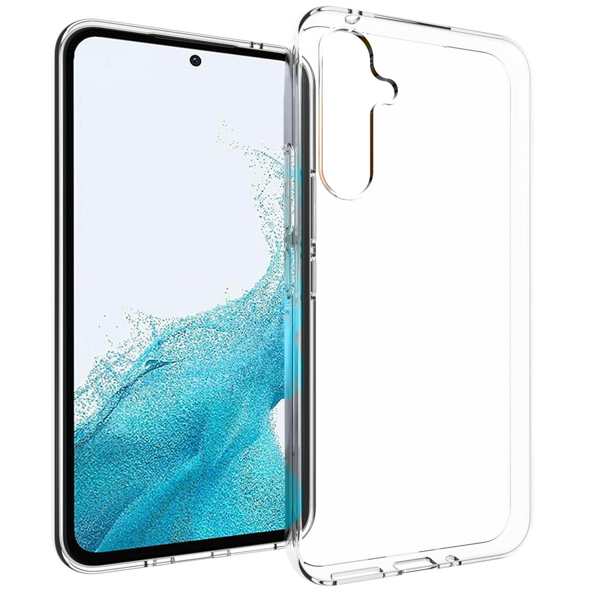 Una custodia trasparente per telefono accanto a uno smartphone con schermo bianco. La custodia è trasparente, mostrando il design del telefono.