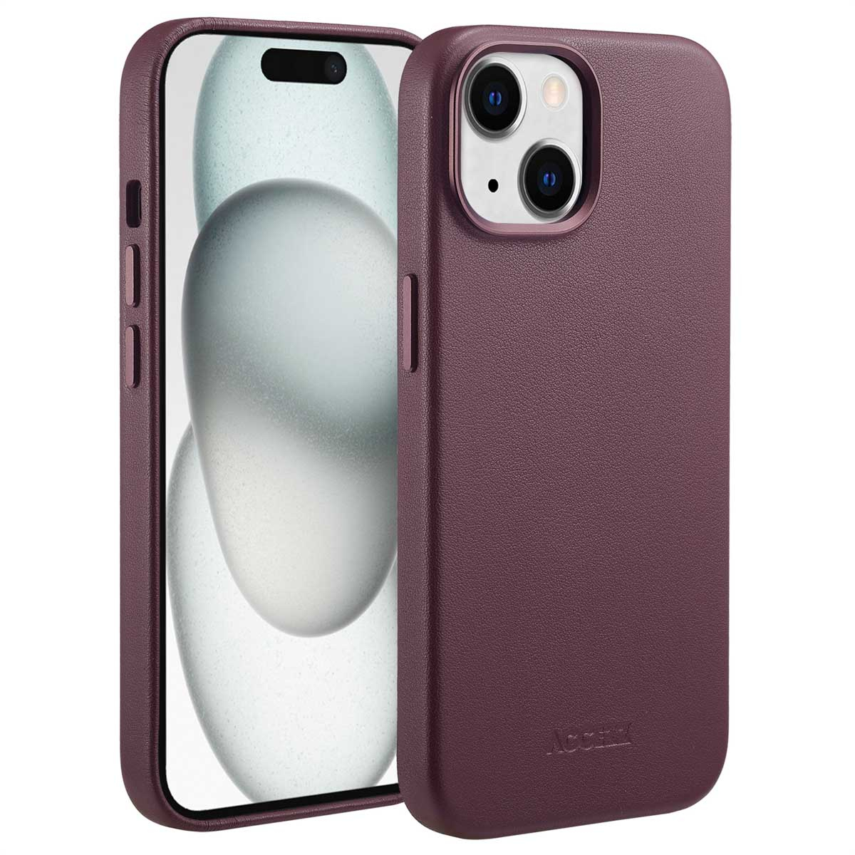 Een telefoon in een donkerpaarse hoes. De telefoon is een smartphone met camera. De achtergrond is wit.