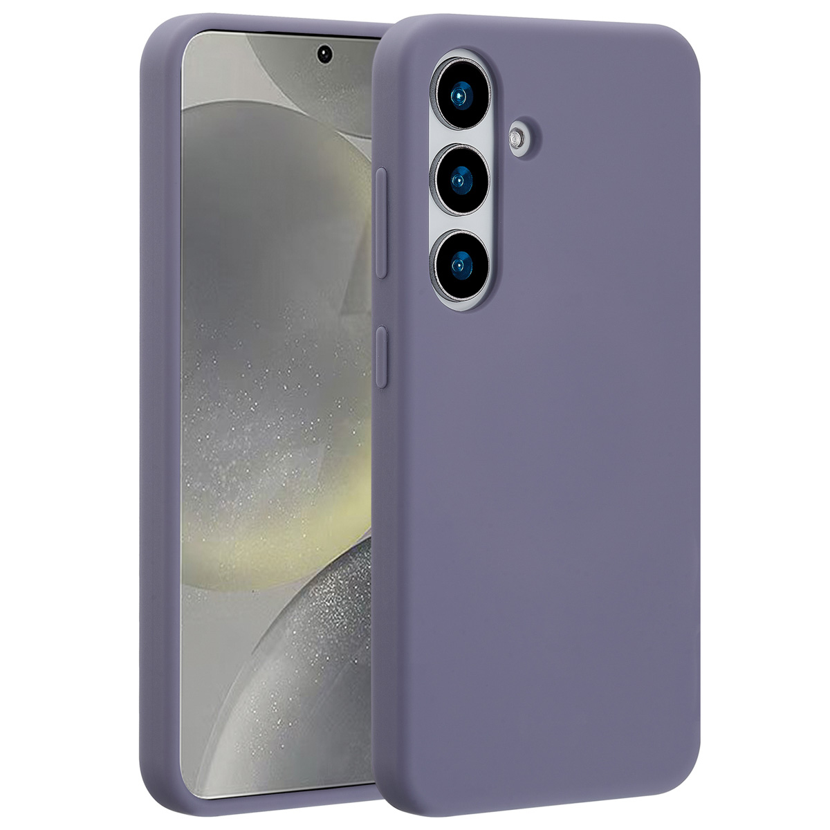 Eine lila Handyhülle mit einem Telefon darin. Die Hülle hat Öffnungen für Kamera und Knöpfe.