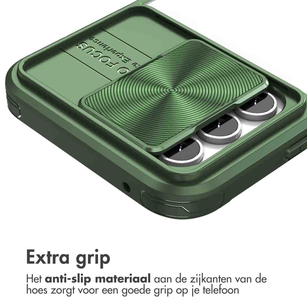 Coque de téléphone verte avec découpes pour appareil photo et bague rotative. Le texte en bas dit 'Extra grip'.
