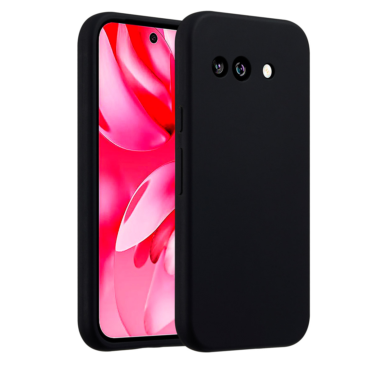 Zwarte telefoonhoes met telefoon erin. Het scherm toont roze en wit. De hoes heeft camera gaten.