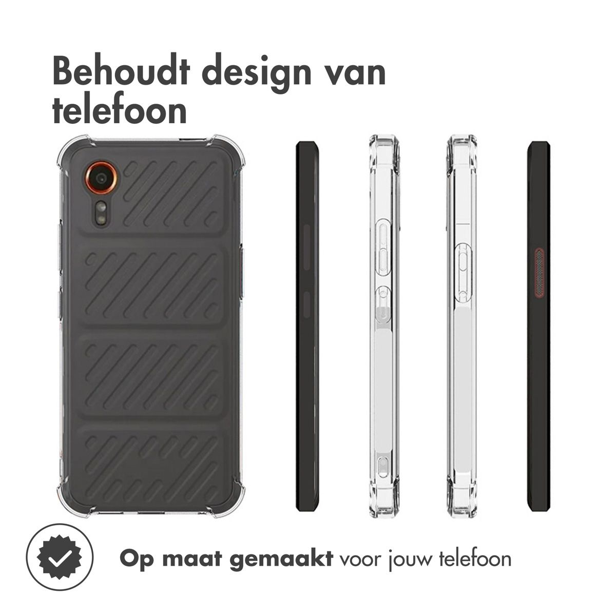 Afbeelding toont telefoonhoesjes in verschillende stijlen. De tekst luidt 'Behoudt het telefoonontwerp' en 'Gemaakt voor je telefoon'.