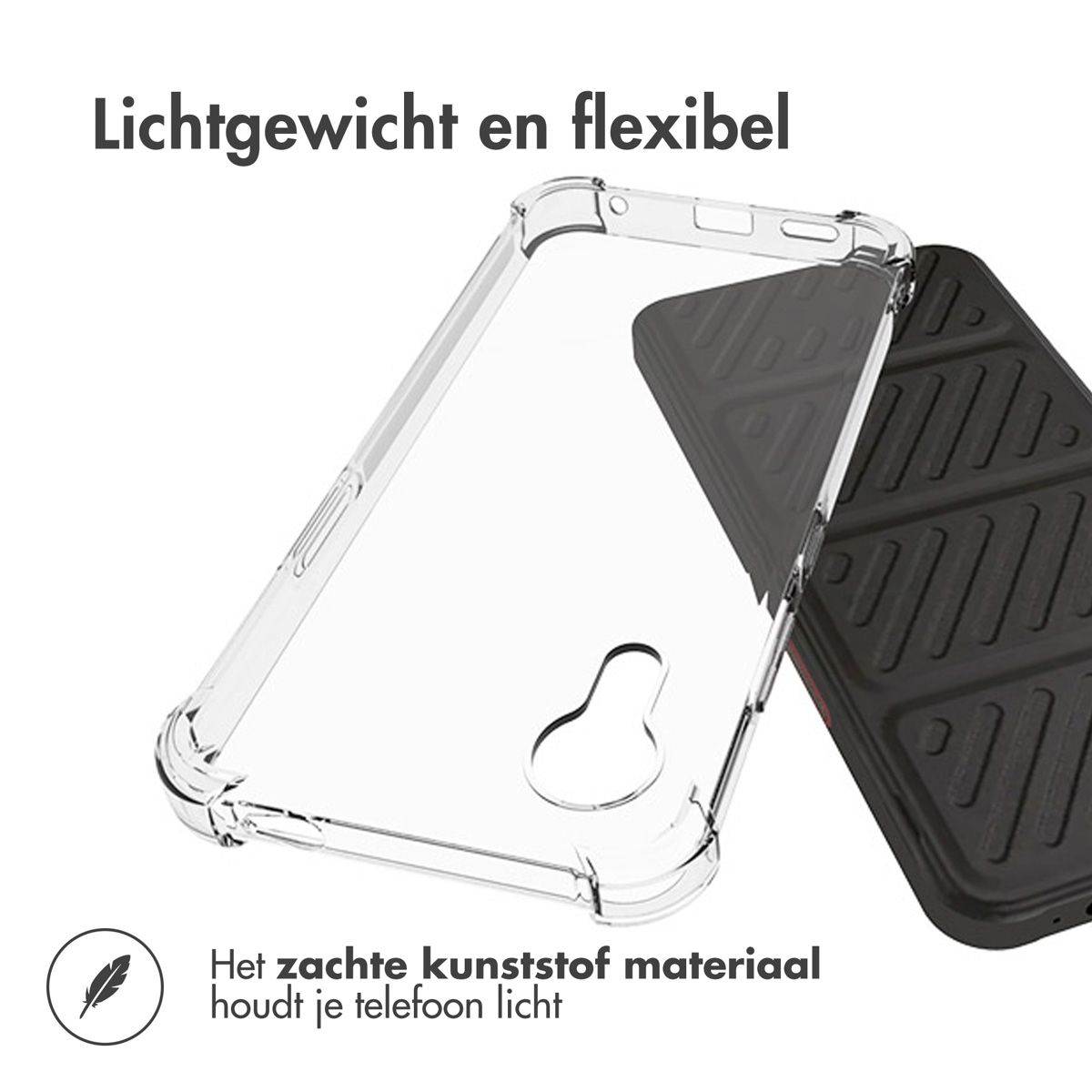 Een doorzichtige telefoonhoes naast een zwarte. Nederlandse tekst: lichtgewicht en flexibel. Vermeldt ook zacht kunststof materiaal.