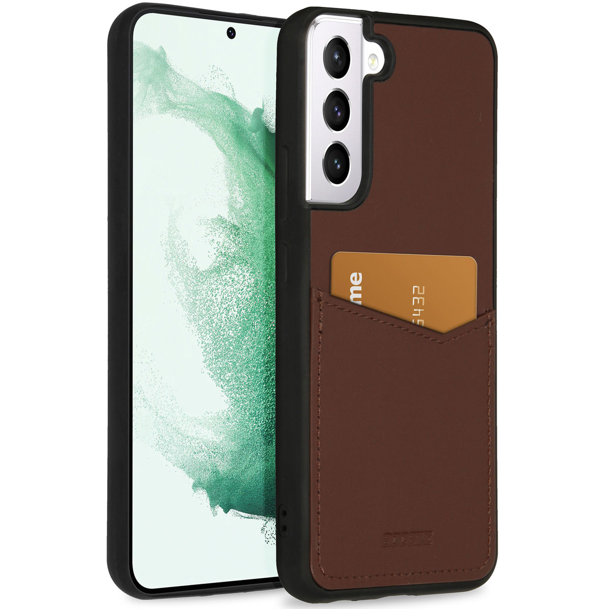 Een bruine leren telefoonhoes met een kaartsleuf. Een gouden creditcard is gedeeltelijk zichtbaar. De telefoon is zwart en heeft een wit scherm.
