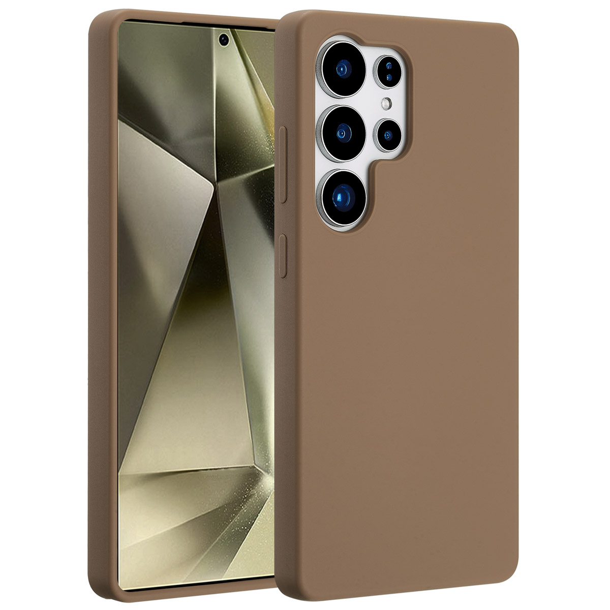 Een bruine telefoonhoes en een telefoon. De telefoon heeft meerdere cameralenzen. De achtergrond is een lichtbruin geometrisch patroon.