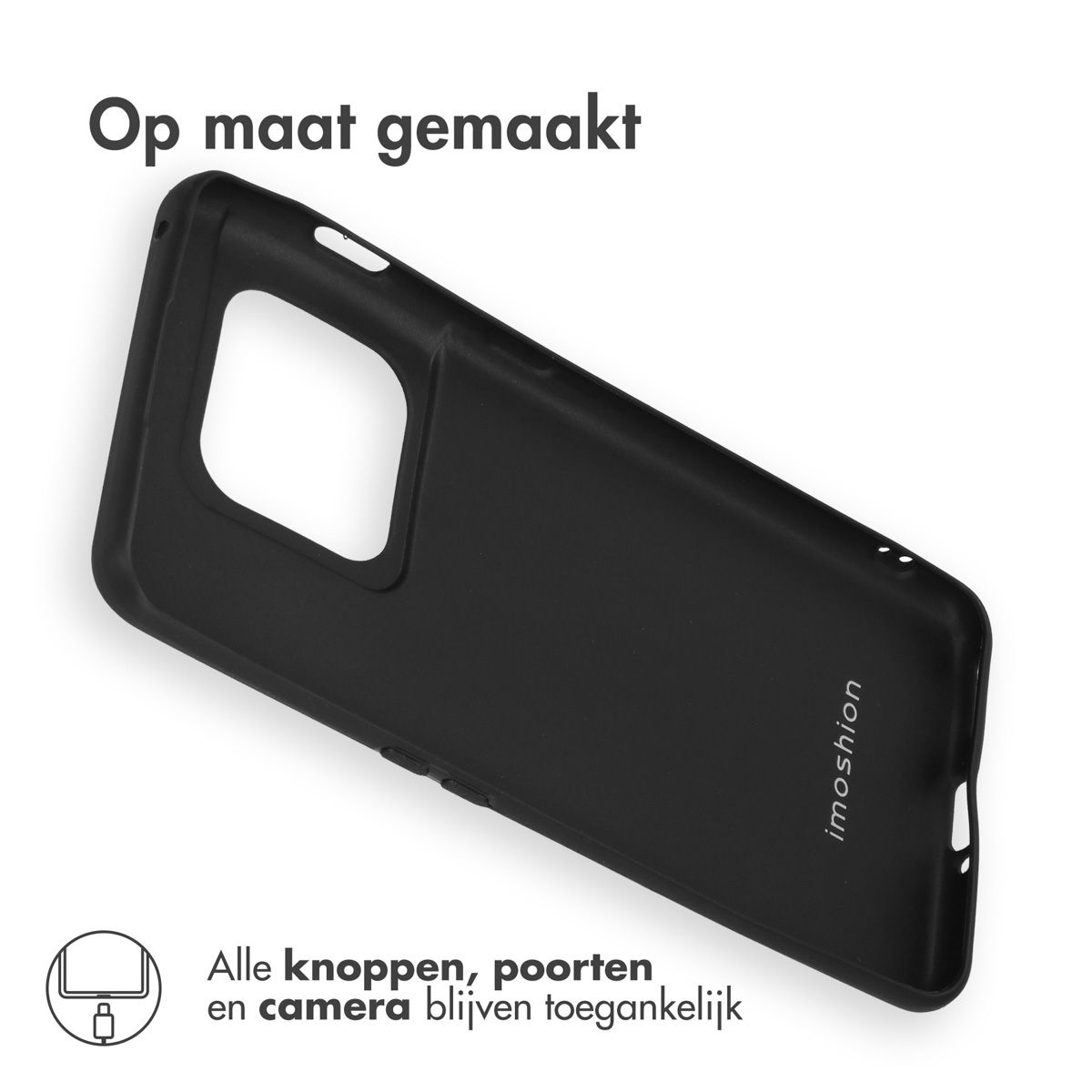Custodia nera per telefono con fori per fotocamera e pulsanti. Testo in alto: 'Op maat gemaakt'. Sotto: 'Alle knoppen, poorten...'