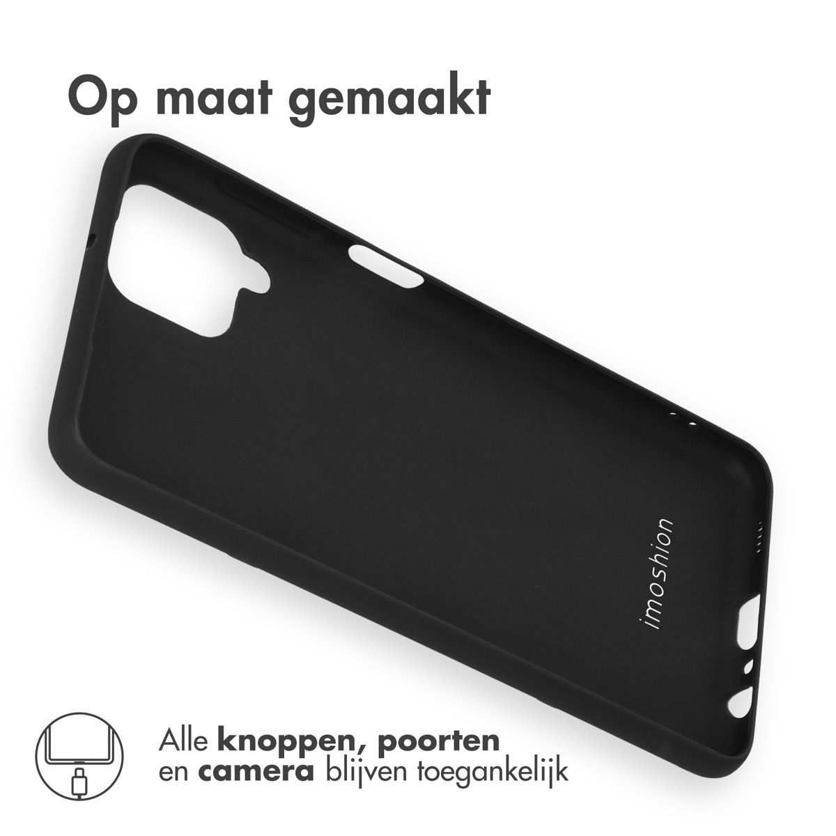 Een zwarte telefoonhoes schuin op een witte ondergrond. Tekst erboven: 'Op maat gemaakt'. Tekst eronder: 'Alle knoppen, poorten en camera blijven toegankelijk'.