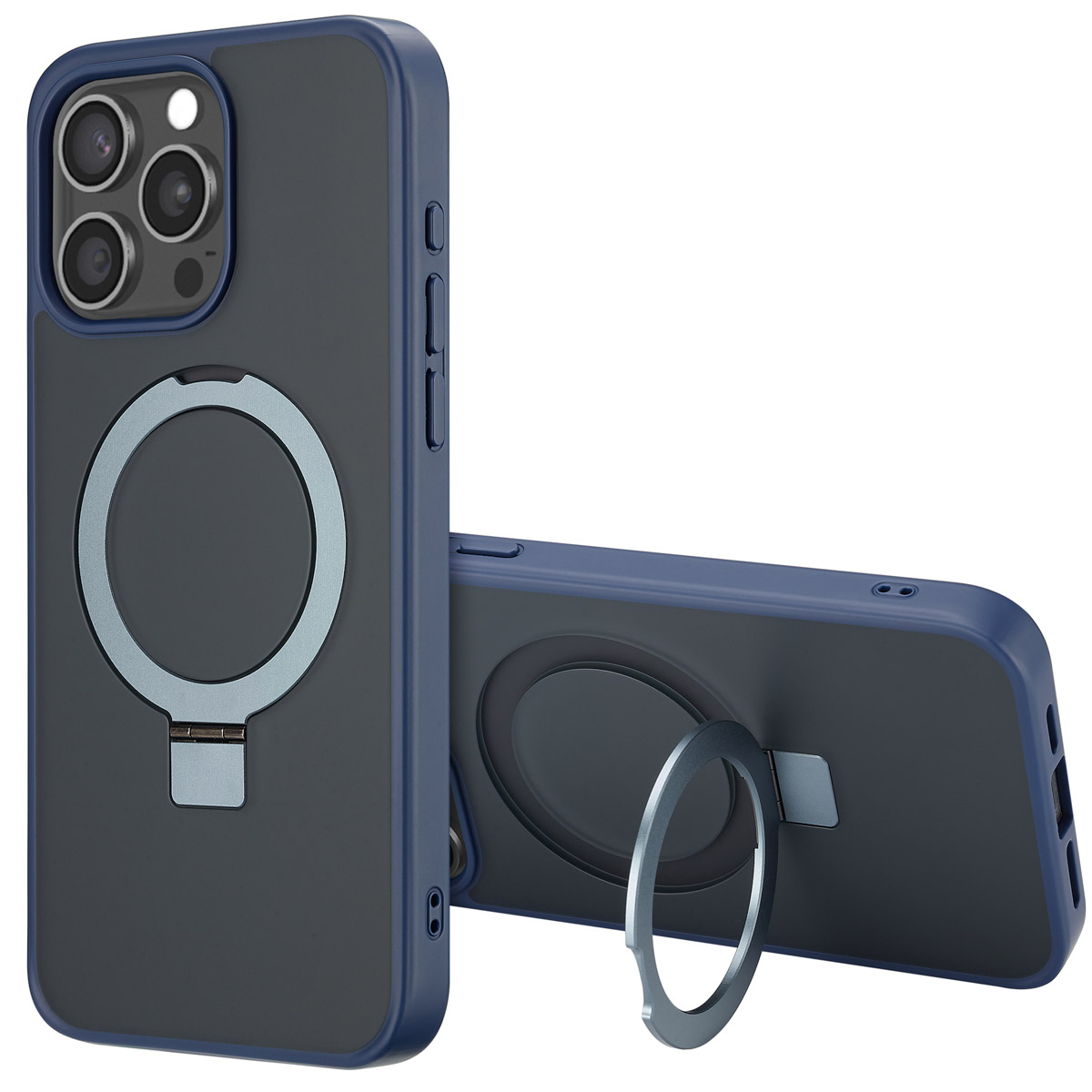 Due custodie per telefono. Una in piedi, l'altra sdraiata. Entrambe sono grigio scuro con bordi blu. Ognuna ha un anello argentato per tenere. Fotocamere visibili.