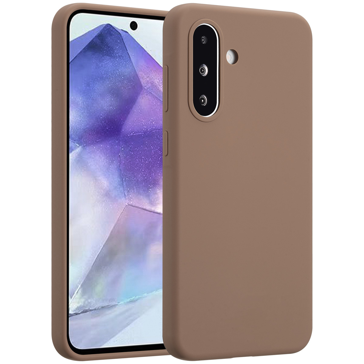 Een bruine telefoonhoes en een telefoon worden weergegeven. Het telefoonscherm toont een paars ontwerp. De hoes heeft cameragaten en knoppen.