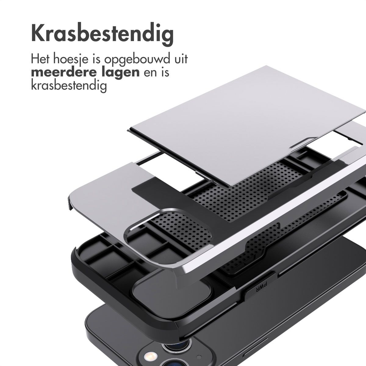 Ontplofte weergave van een telefoonhoesje. Er zijn meerdere lagen zichtbaar, waaronder een zilveren toplaag en een geperforeerde zwarte laag.