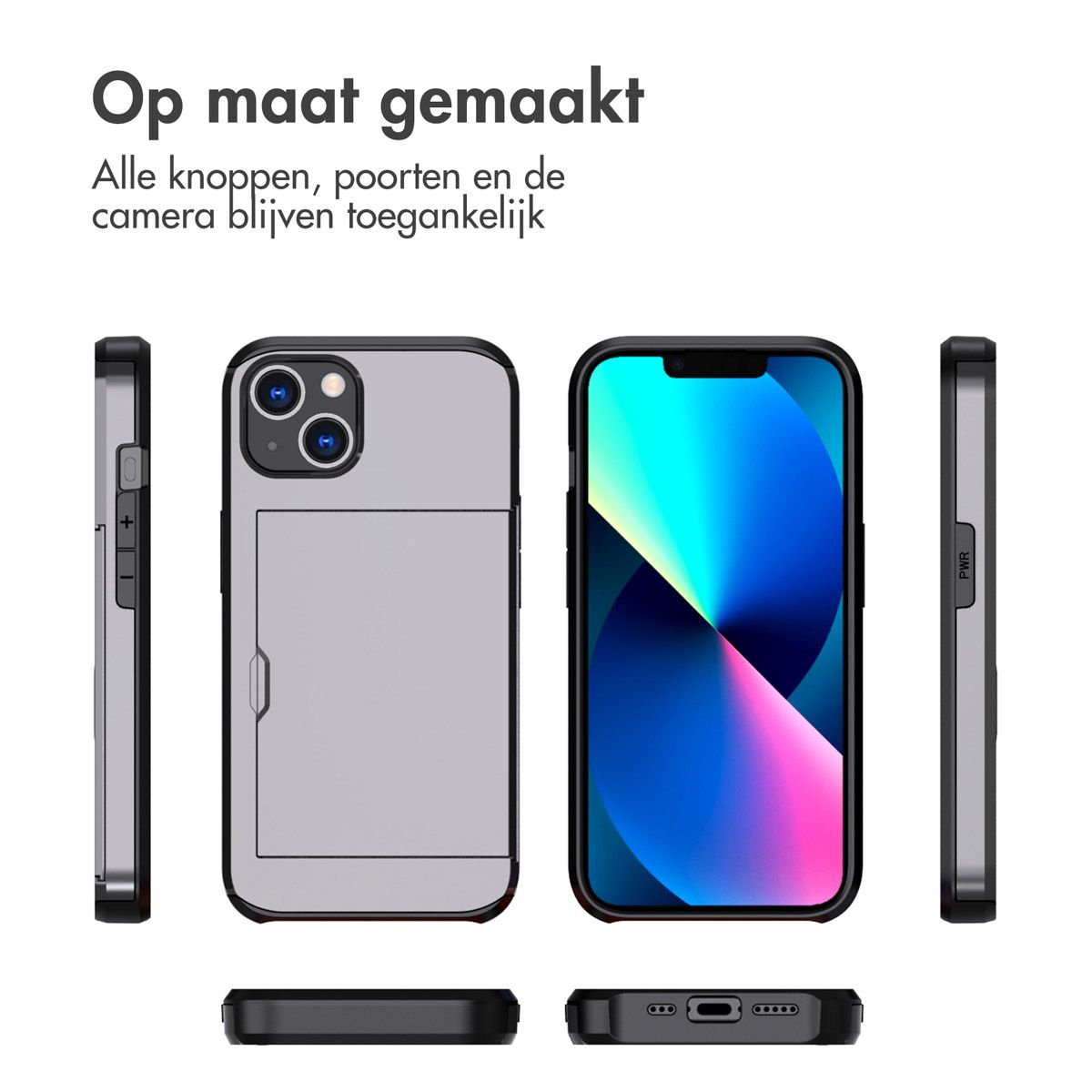 Afbeelding toont een telefoonhoesje met een telefoon erin. De hoes is zwart en grijs. Tekst: Op maat gemaakt.