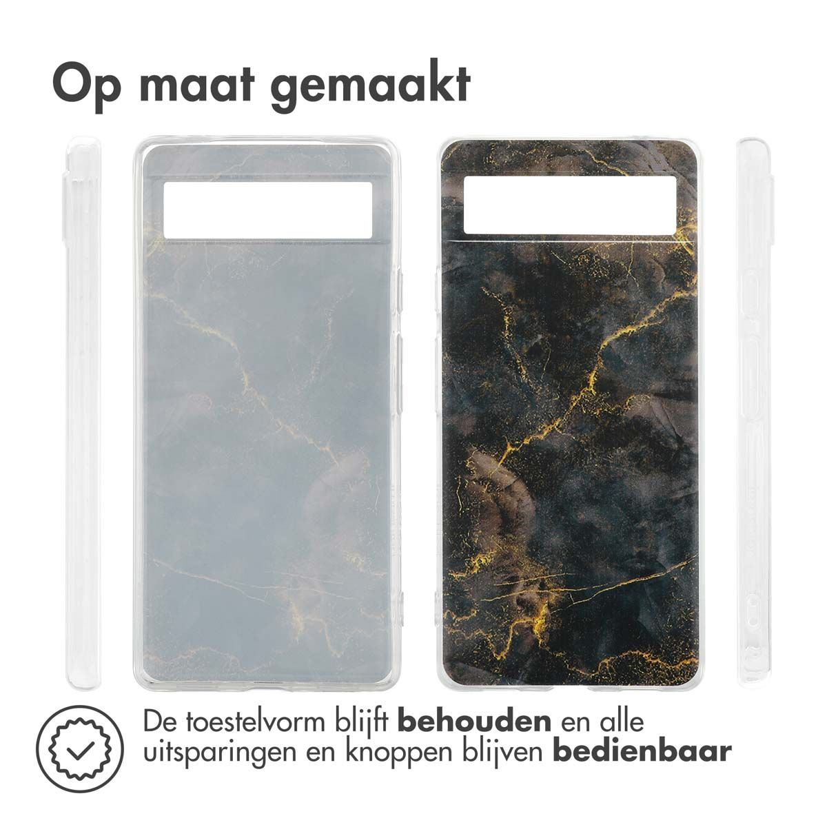 Twee telefoonhoesjes. Eén is transparant. De andere heeft een zwart marmerontwerp met gouden aderen. Tekst: 'Op maat gemaakt', 'De toestelvorm blijft behouden'.