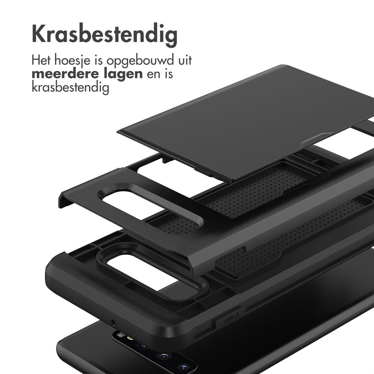 Un étui de téléphone noir démonté. Plusieurs couches sont visibles. Le texte en néerlandais indique que l'étui est résistant aux rayures.