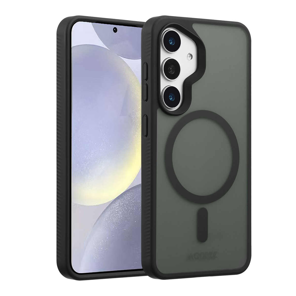 Un smartphone dans un étui noir. L'étui a une fixation magnétique circulaire et un module caméra à trois lentilles. Le téléphone est gris.