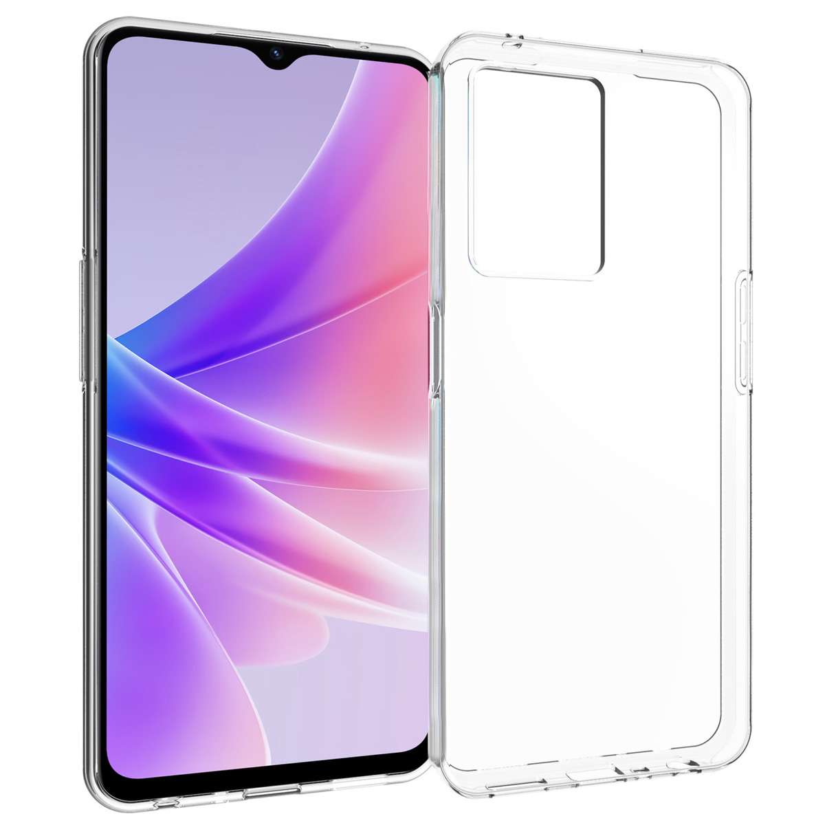 Una custodia trasparente per telefono accanto a uno smartphone con schermo con motivi astratti rosa e viola.