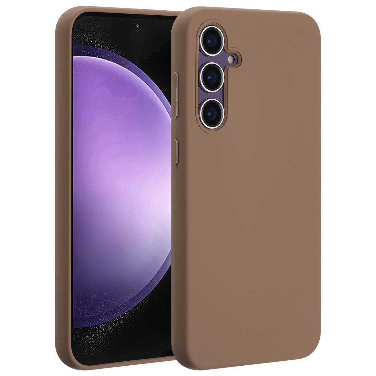 Een bruine telefoonhoes met een telefoon. Het telefoonscherm is paars, met een camera en drie lenzen aan de achterkant.