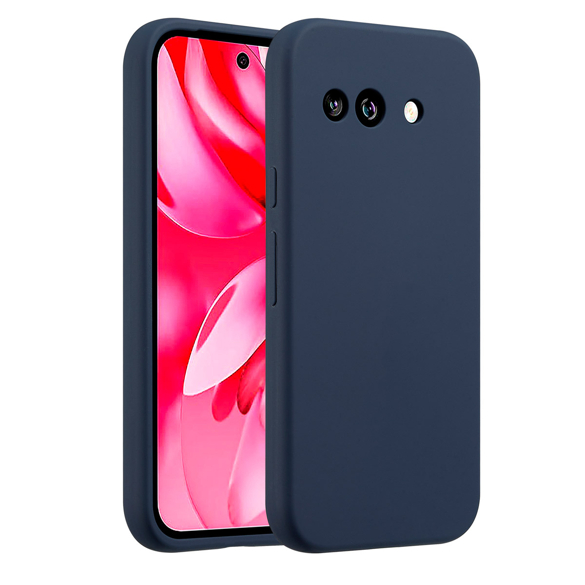Una custodia blu scuro per telefono accanto a un telefono. Lo schermo mostra forme rosa e bianche. La custodia ha tre fori per la fotocamera.