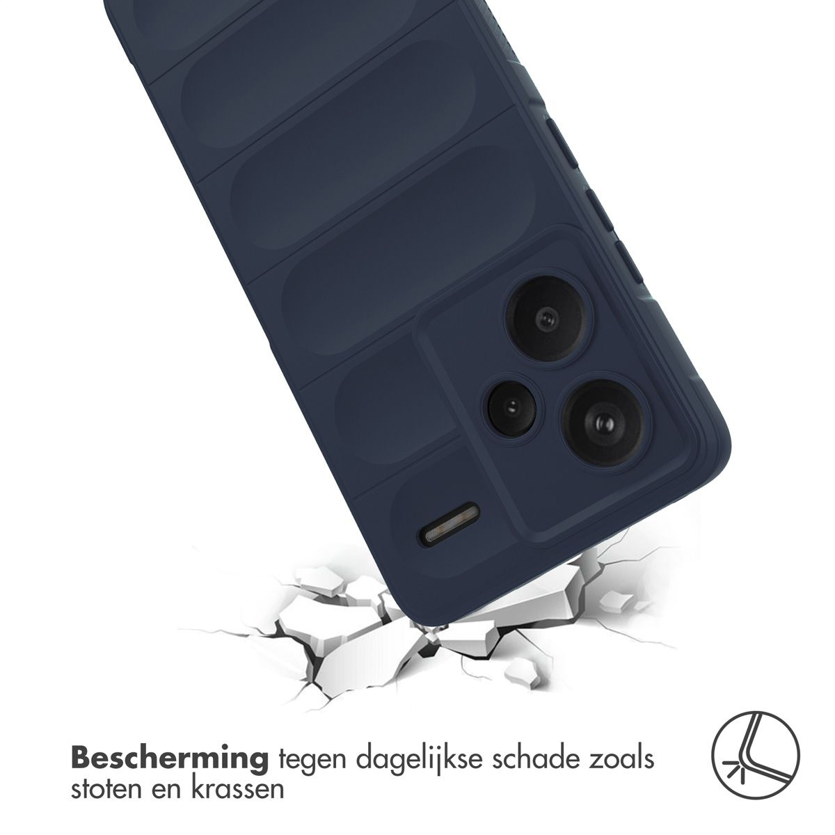 Een marineblauwe telefoonhoes is naar beneden gekanteld en lijkt de grond eronder te kraken. Tekst onderaan: 'Bescherming tegen dagelijkse schade'.