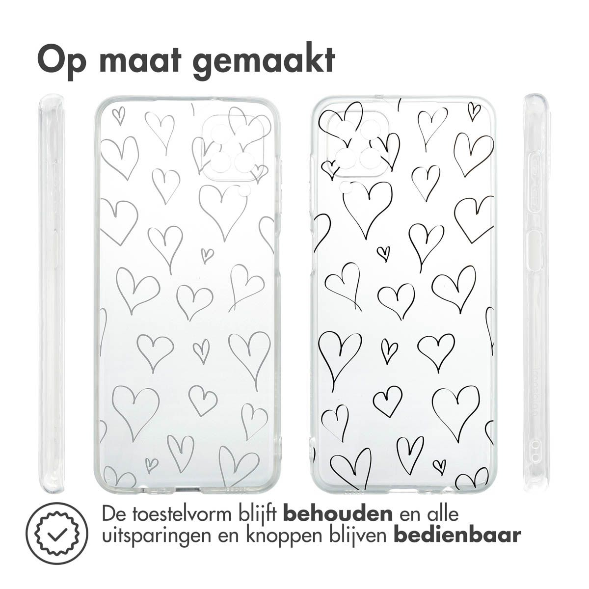 Transparante telefoonhoesjes met hartcontouren. Twee hoesjes en een zijaanzicht. Tekst: 'Op maat gemaakt'. Daaronder Nederlandse tekst.