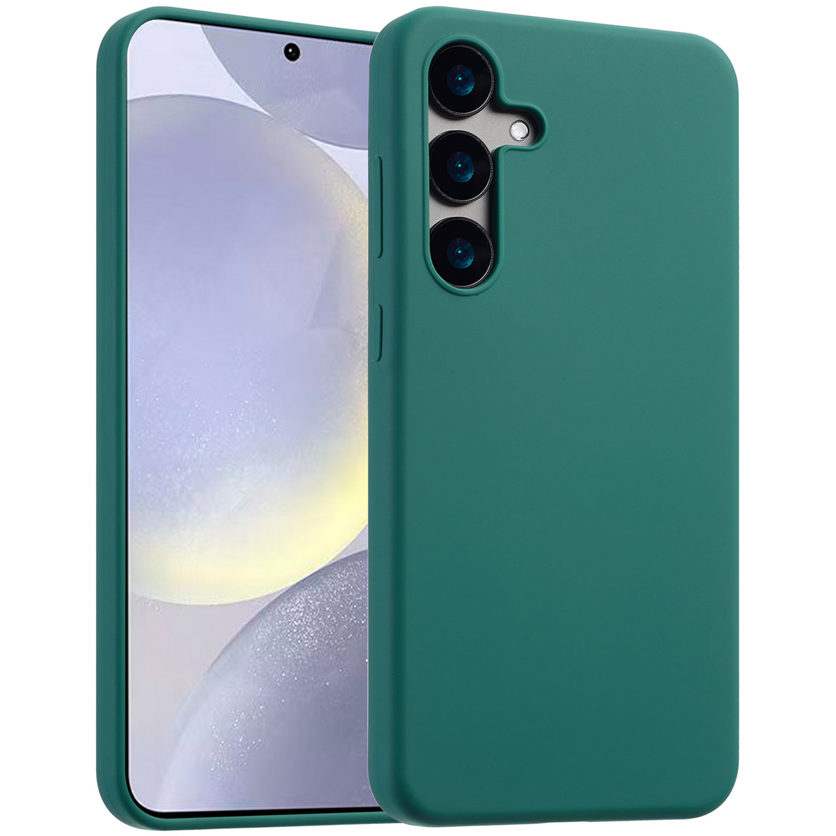 Una custodia verde con un telefono all'interno. La custodia ha fori per la fotocamera. Lo schermo mostra un'immagine sfocata.