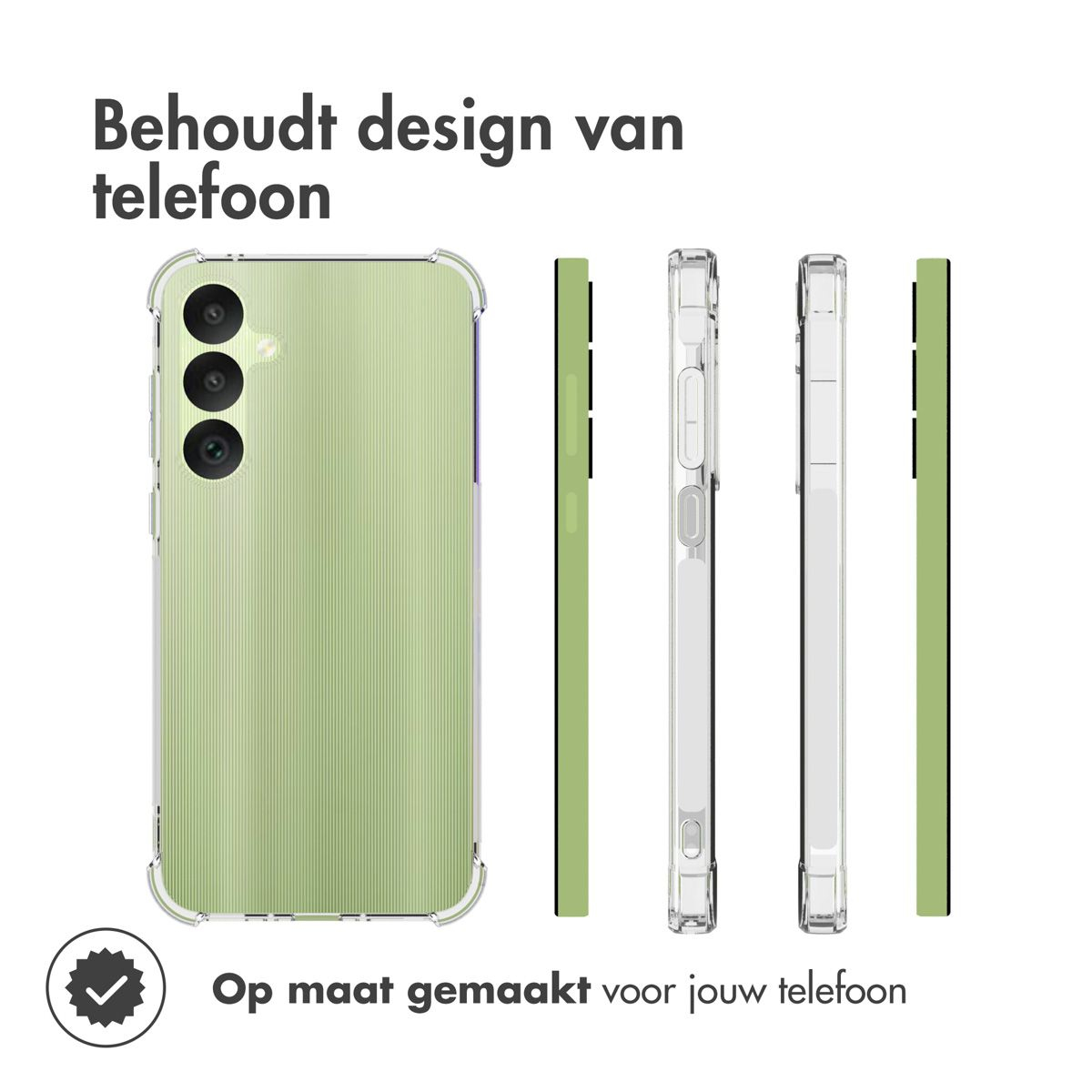 L'image montre des coques de téléphone sous différents angles. Les coques sont transparentes et vertes. Le texte en haut dit 'Conserve le design du téléphone'.