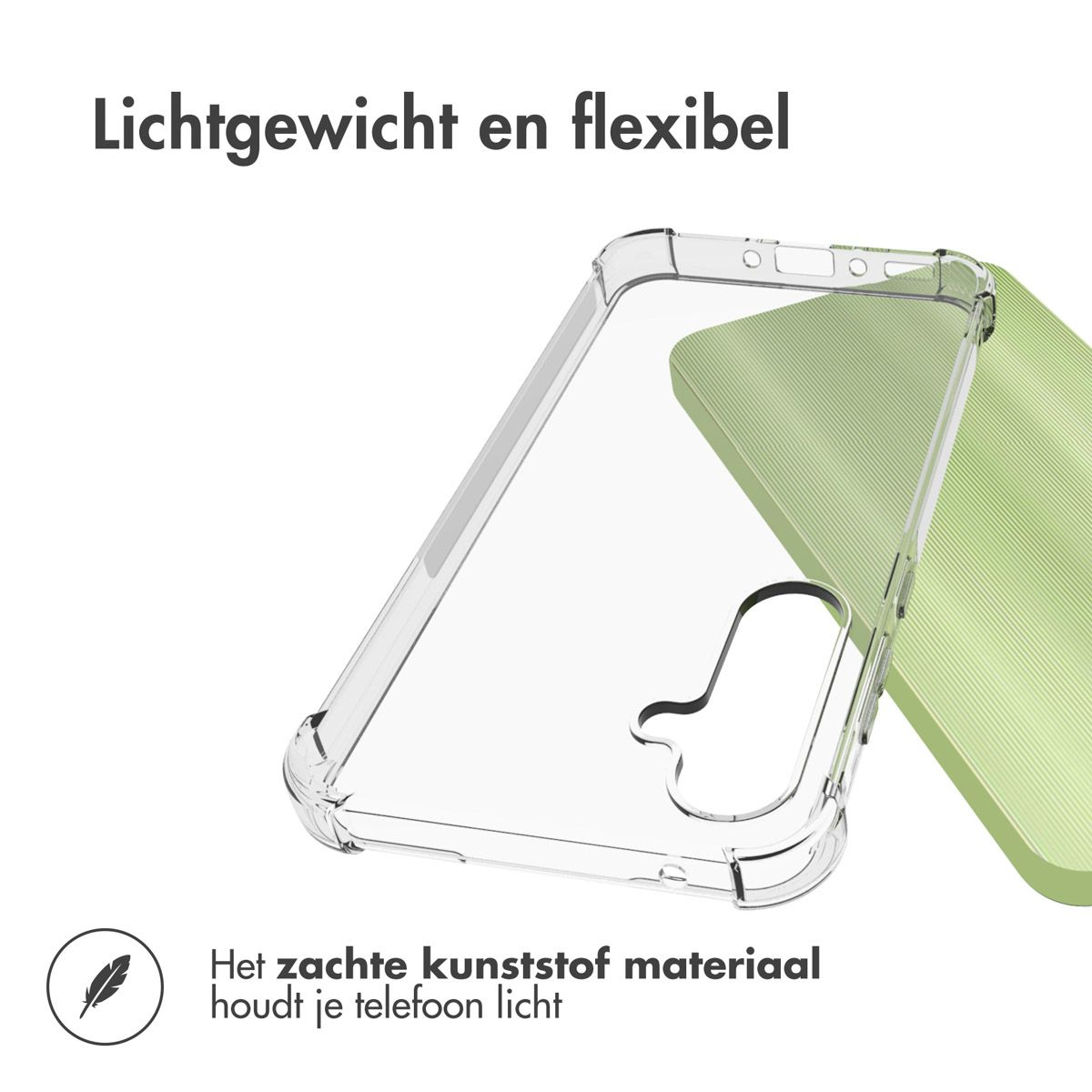 Une coque de téléphone transparente est présentée sur une surface verte texturée. Le texte indique 'Léger et flexible' et 'matière plastique souple'.