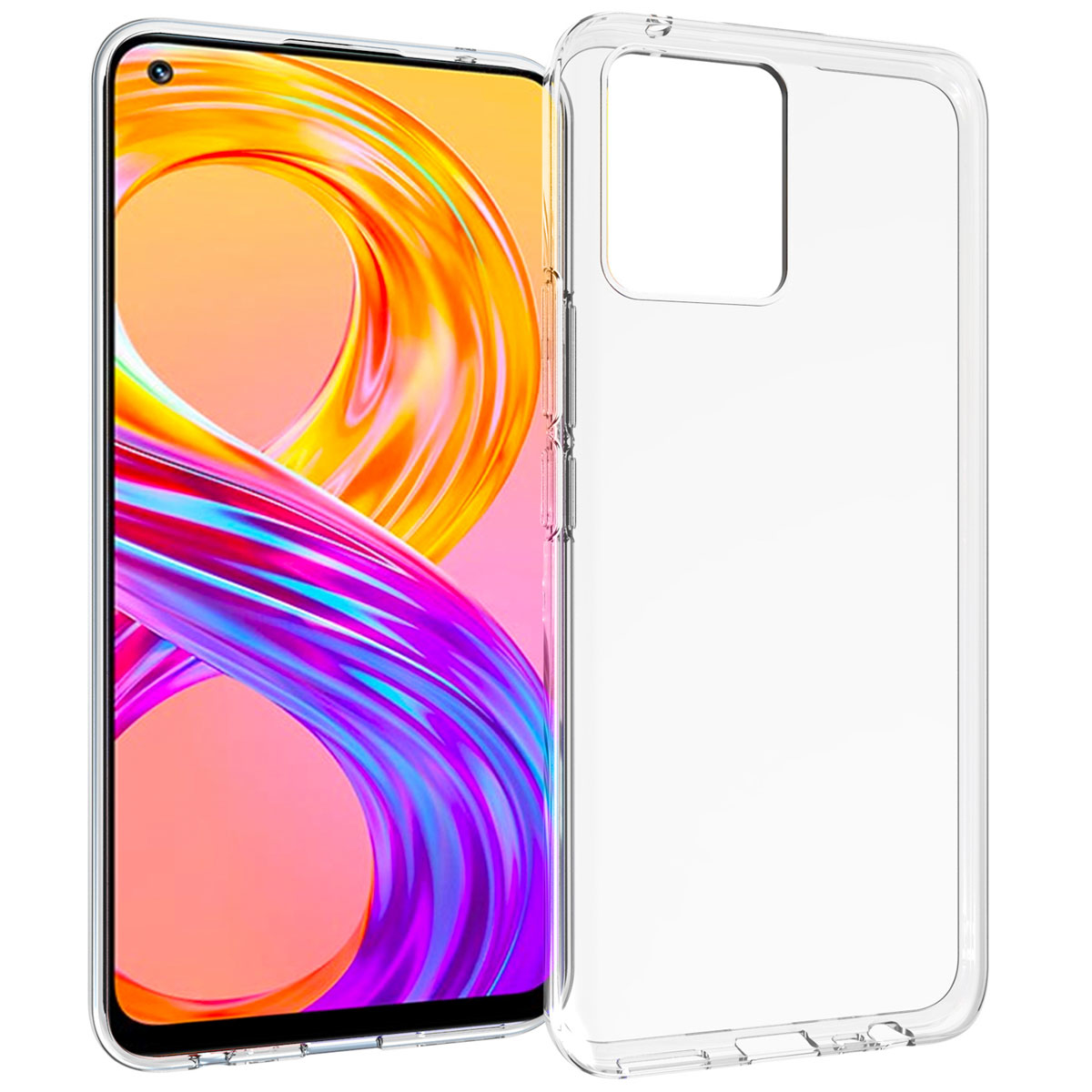 Uno smartphone con uno sfondo astratto colorato all'interno di una custodia protettiva trasparente. La custodia è a destra.