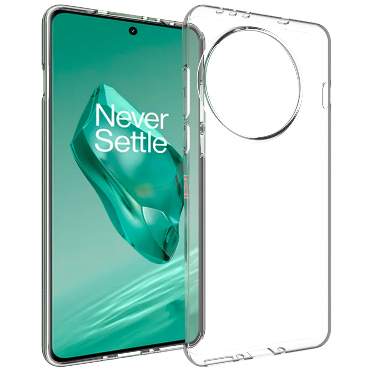Ein Smartphone mit einer durchsichtigen Hülle. Das Telefon hat einen grünen Bildschirm mit den Worten 'Never Settle'. Die Hülle ist transparent.