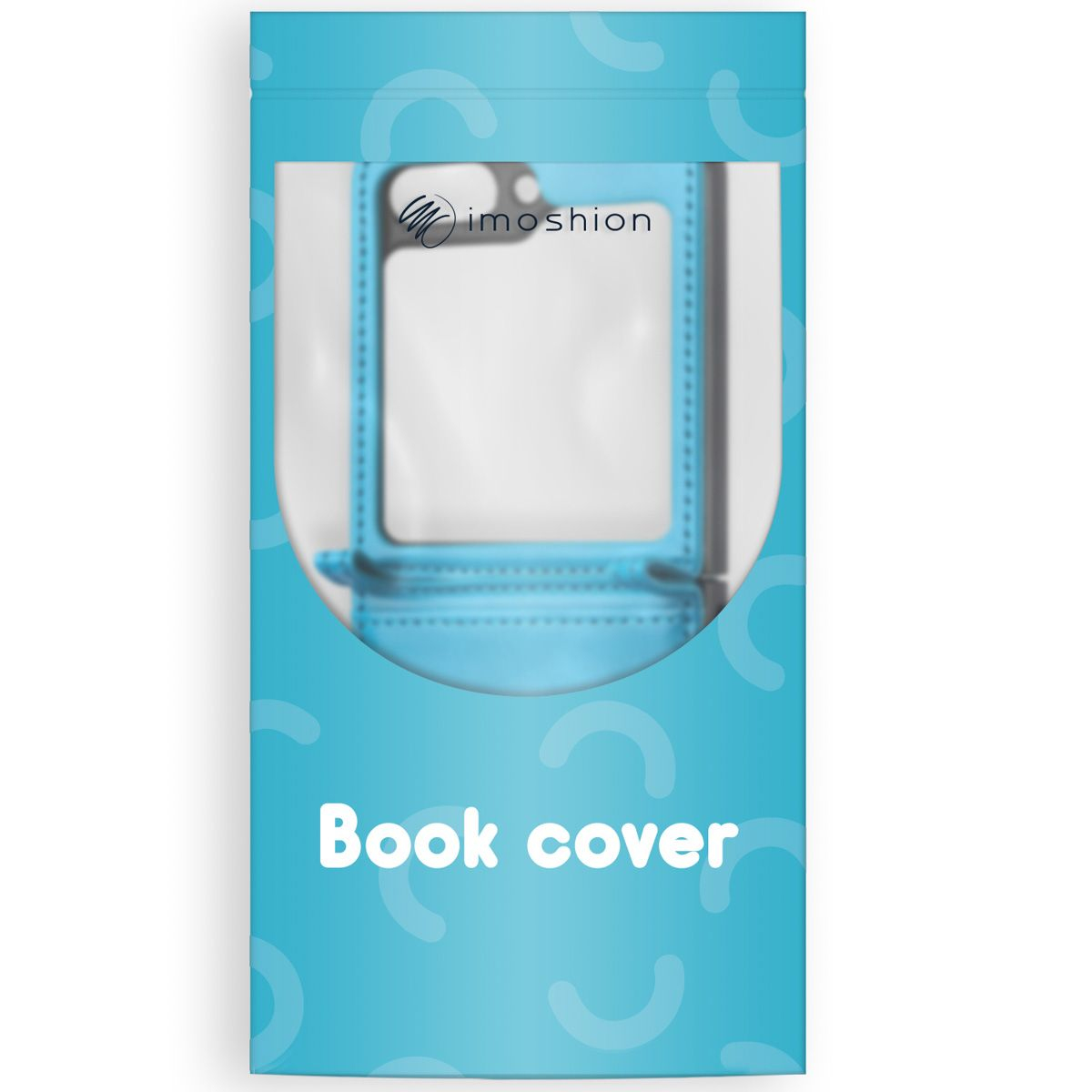 Une couverture de livre bleue dans un emballage. La couverture a une fenêtre transparente avec la marque 'imoshion'.