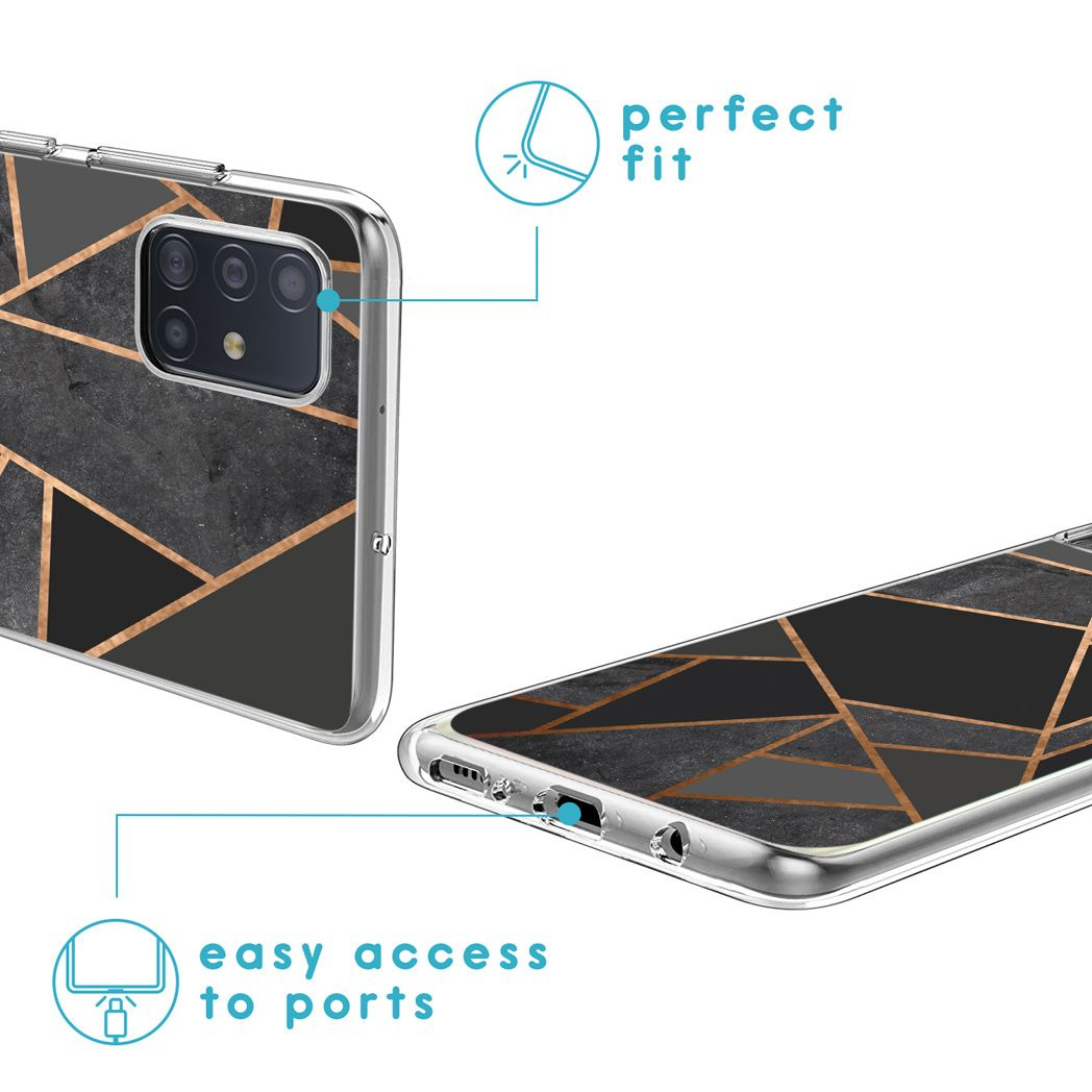 Custodia per telefono con design geometrico nero, grigio e oro. Presenta 'vestibilità perfetta' e 'facile accesso alle porte'.