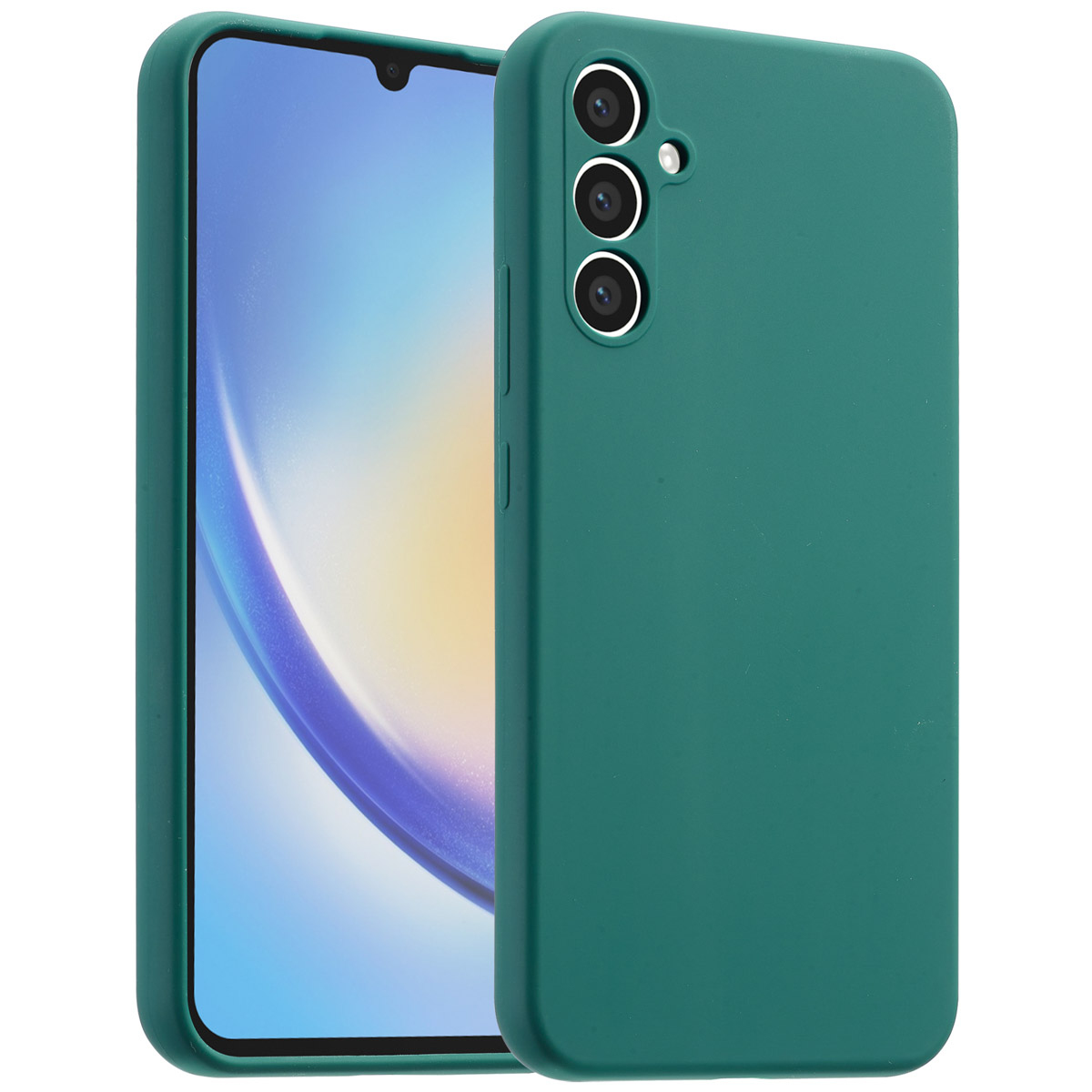Een groene telefoonhoes en een telefoon met een scherm met een blauw-witte gradiënt. De hoes heeft uitsparingen voor de camera.