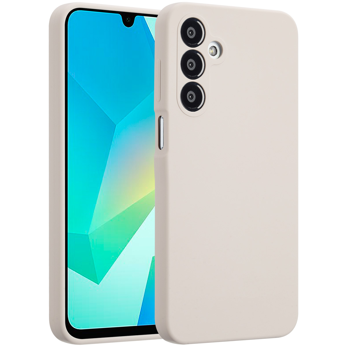 Eine beige Handyhülle und ein Smartphone mit blau-weißem Bildschirm werden gezeigt. Die Handyhülle hat Kameraöffnungen und Tasten.
