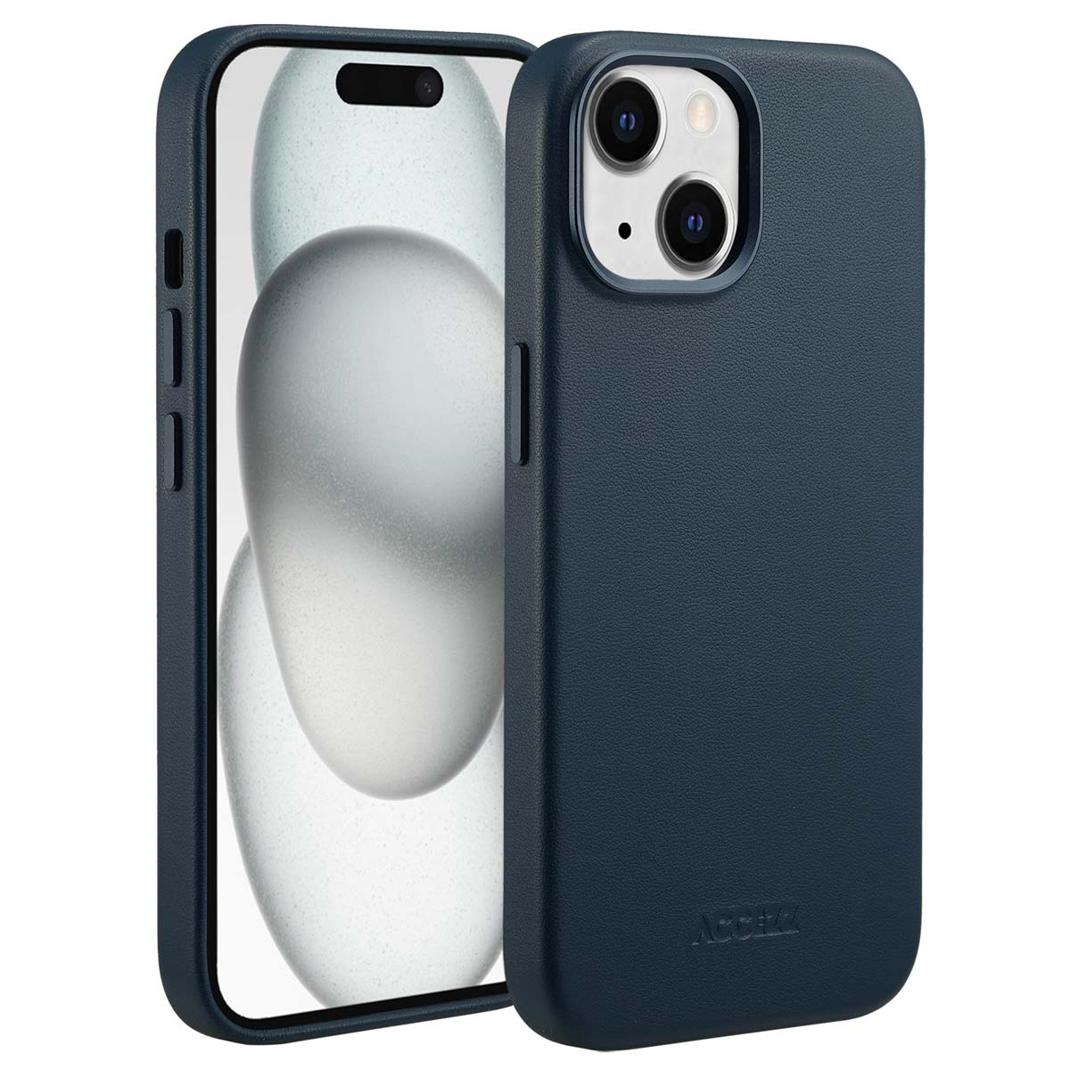Een donkerblauwe telefoonhoes naast een telefoon met een wazige afbeelding. De hoes heeft een gestructureerd oppervlak.