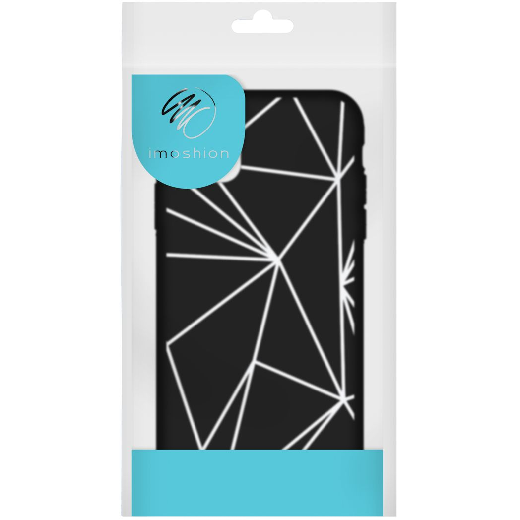 Una custodia per telefono in una confezione trasparente. La custodia è nera con linee geometriche bianche. La confezione ha un'etichetta blu.