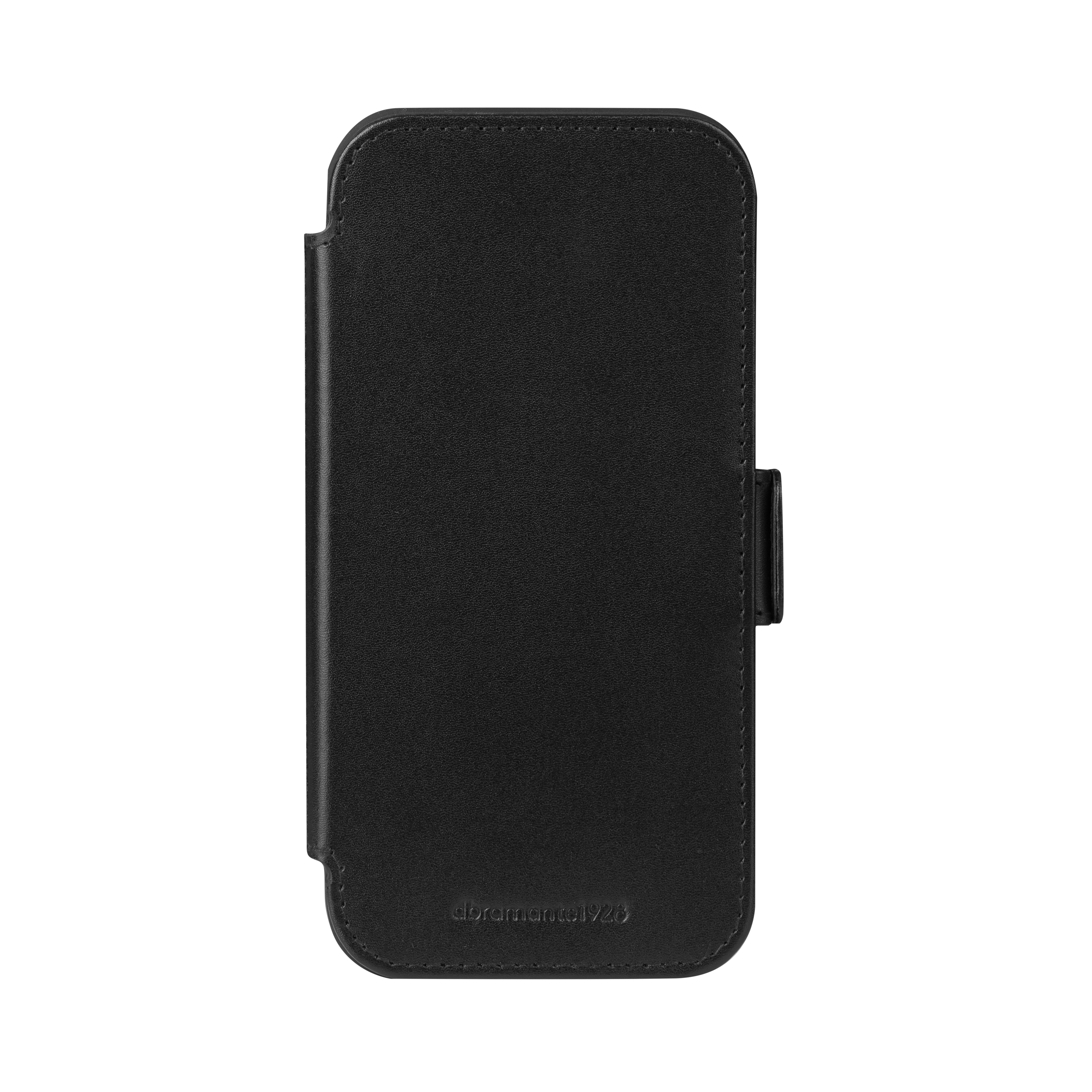 Custodia per telefono in pelle nera con chiusura magnetica. Il marchio è impresso in basso.