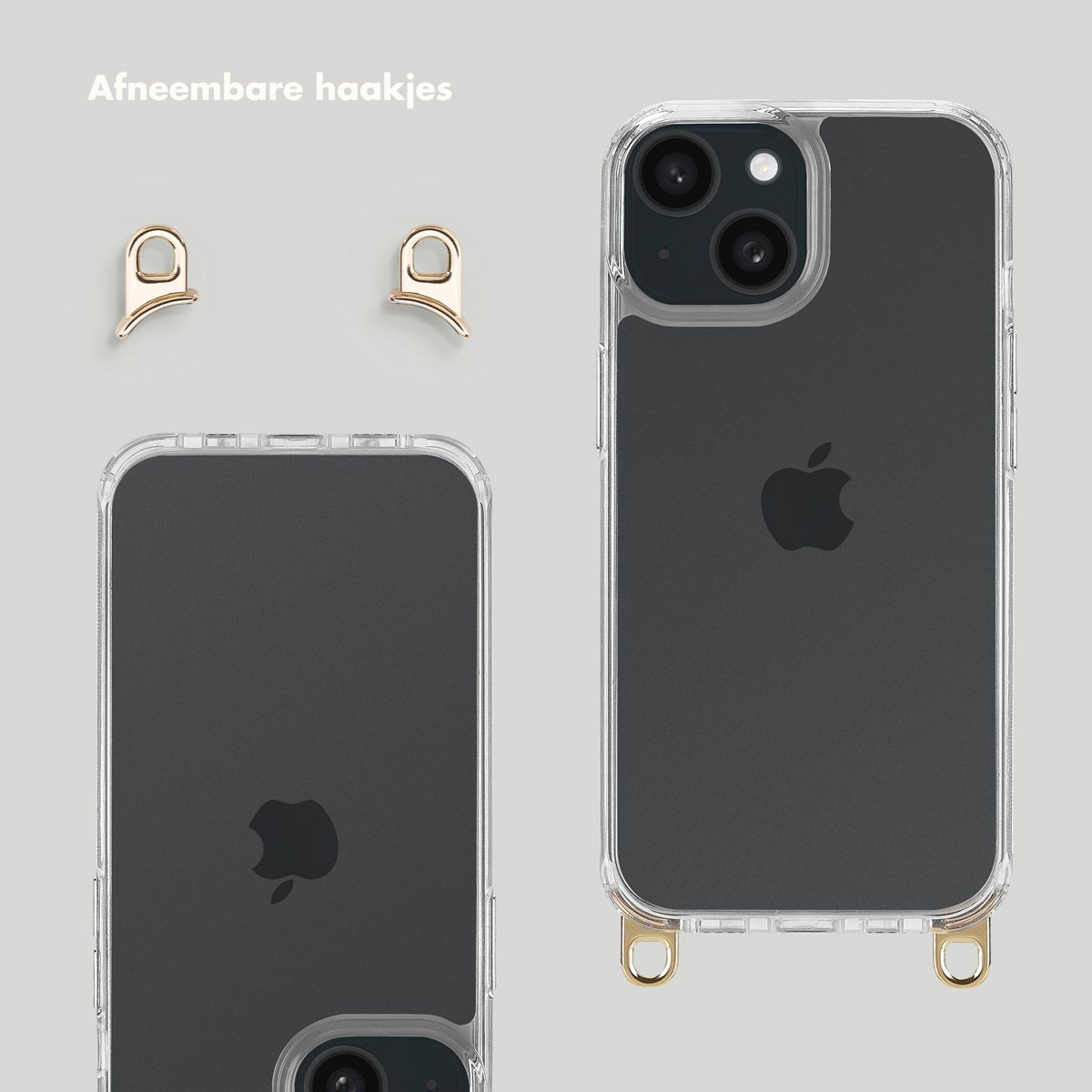 Image shows two iPhones in transparent cases, with detachable gold hooks. Text at the top says 'Afneembare haakjes'.