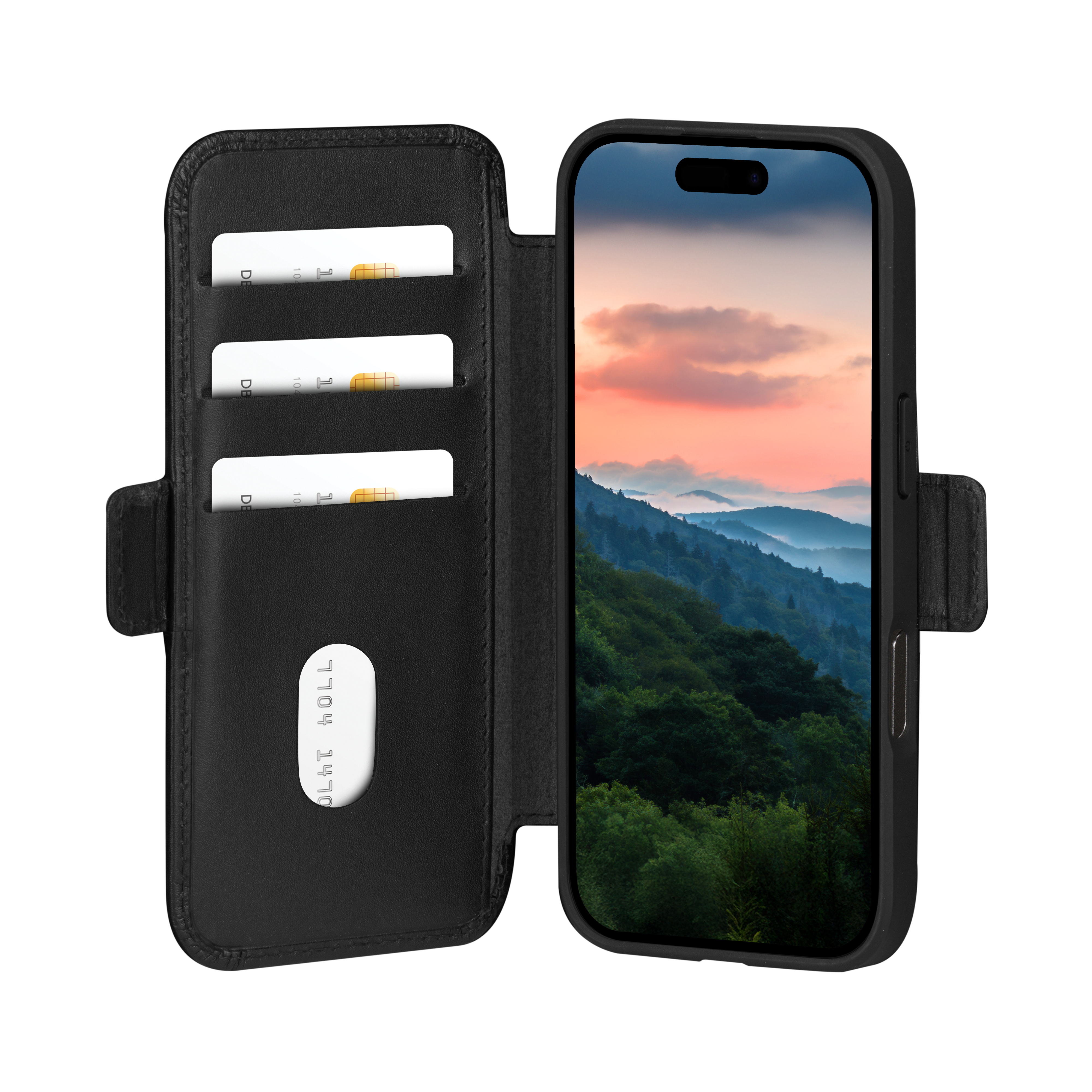 Custodia per telefono nera aperta, che mostra il telefono con un paesaggio montano. La custodia ha fessure per carte e una carta.
