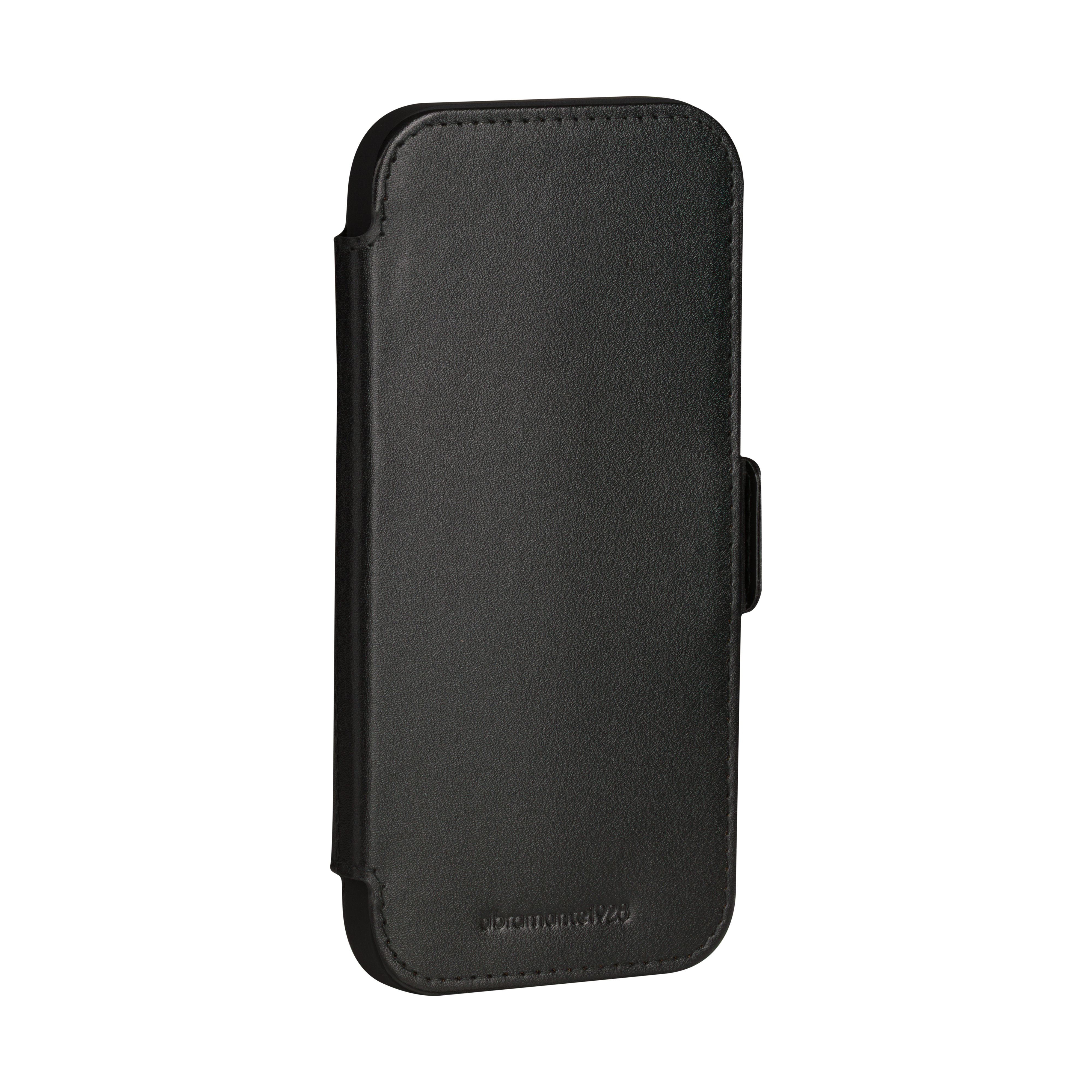 Una custodia per telefono in pelle nera con chiusura magnetica. La custodia è chiusa e ha il nome del marchio impresso.