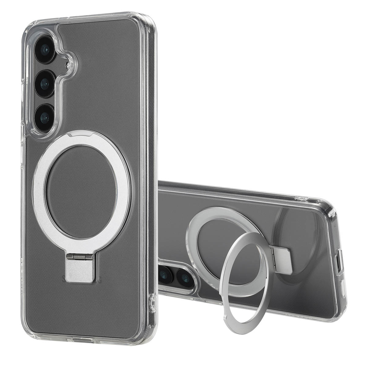 Twee telefoonhoesjes. Eén staat, één ligt. Beide zijn transparant met een grijze achterkant. Elk heeft een zilveren ring en camera-uitsparing.