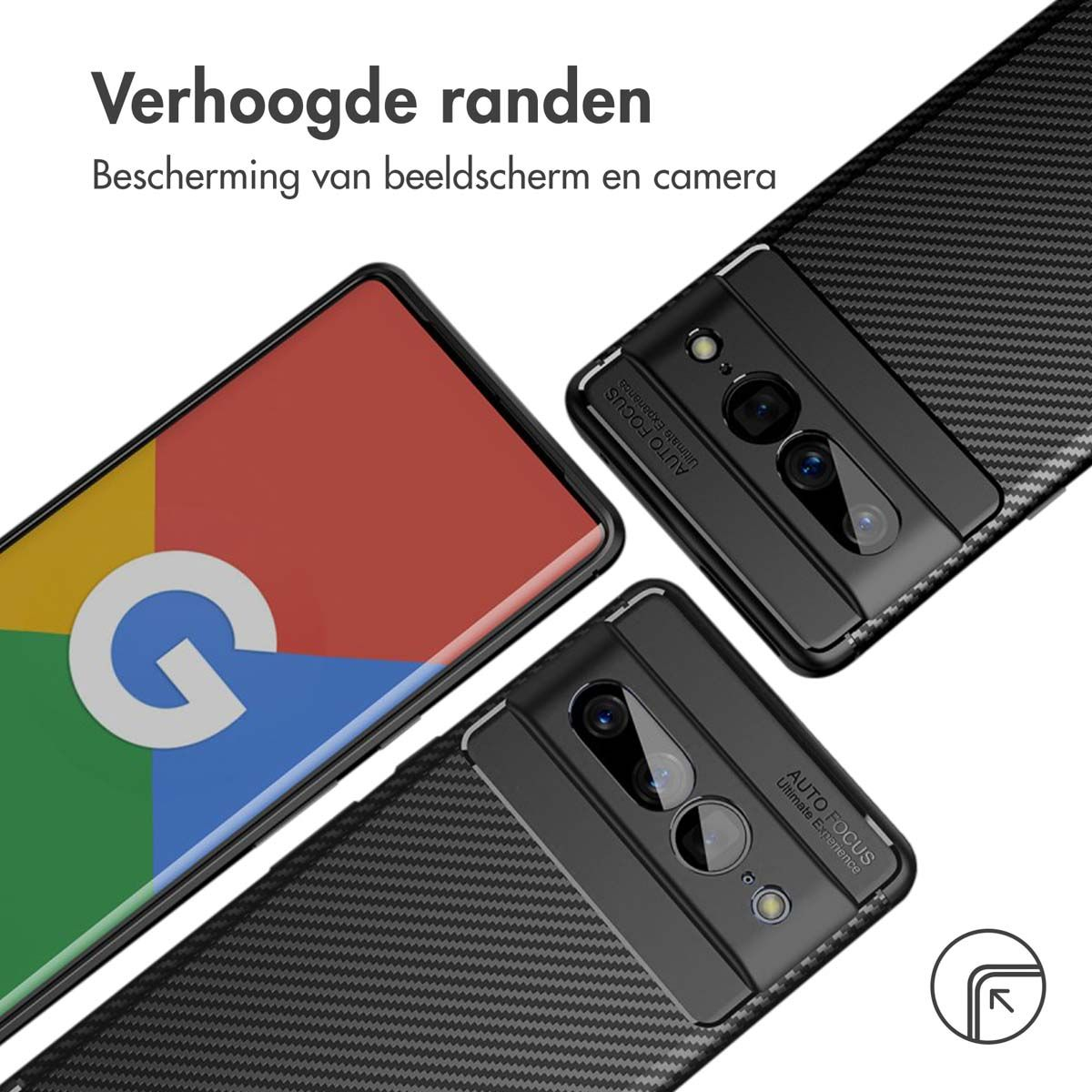 Das Bild zeigt Handyhüllen, eine mit Google-Logo, andere mit Kameraausschnitten. Text lautet 'Erhöhte Kanten' und 'Bildschirm- und Kameraschutz'.